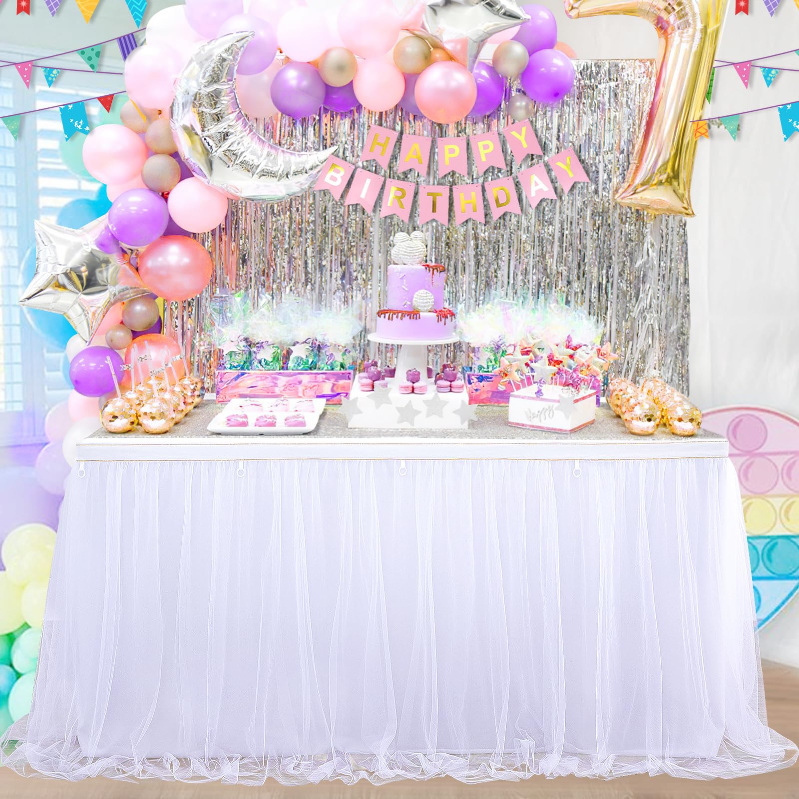 14FT White Tulle Tutu Table Skirt - 2 Layer Ruffle Tablecloth for Birthday Party Decorations (Fits Rectangle & Round Tables) | Perfect for Wedding, Baby Shower, and Cake Table Decor