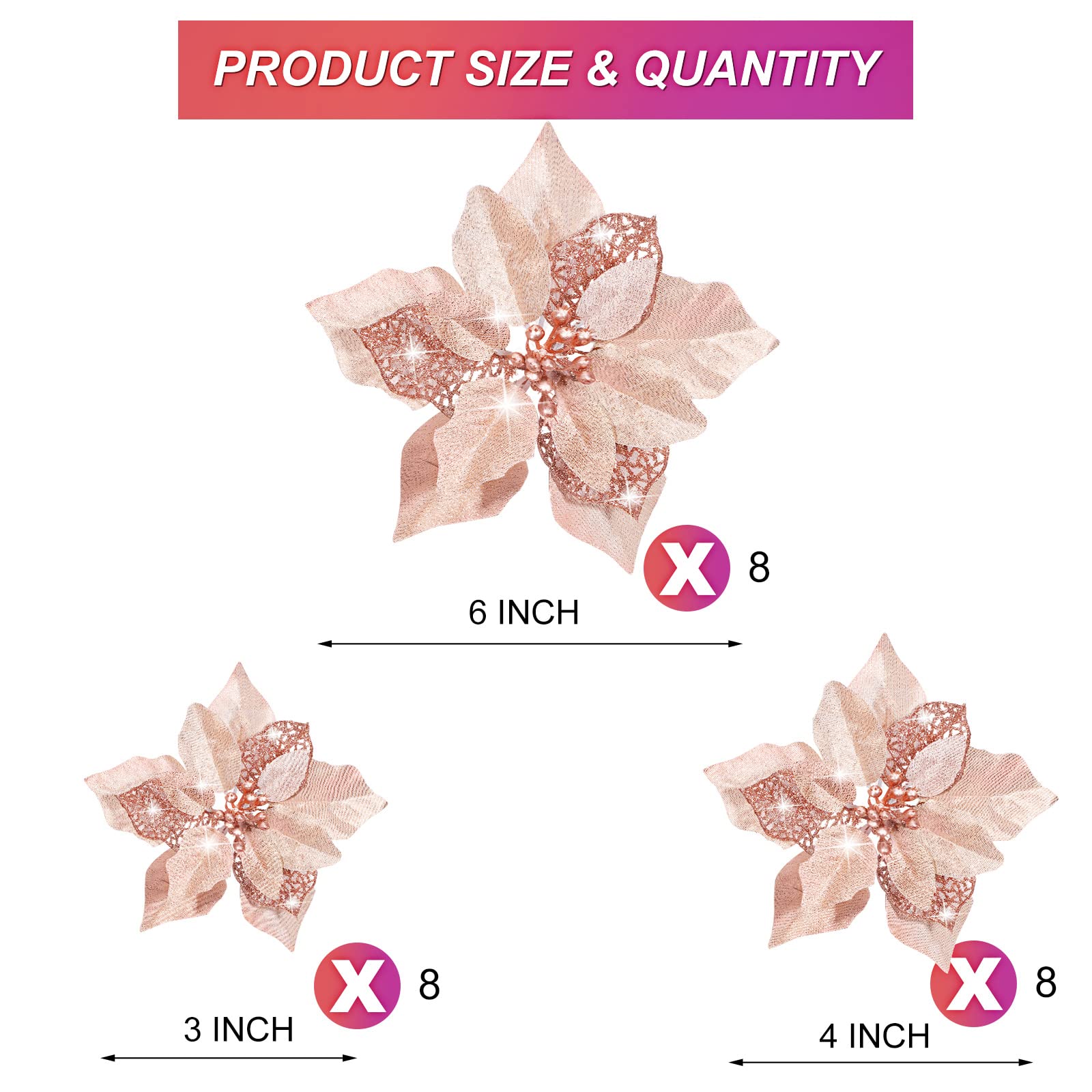 24-Piece Christmas Artificial Glitter Poinsettia Flowers Set - Rose Gold Xmas Decorations for Tree, Wedding, Party & New Year Ornaments - Perfect for Holiday Home Decor and Festive Celebrations