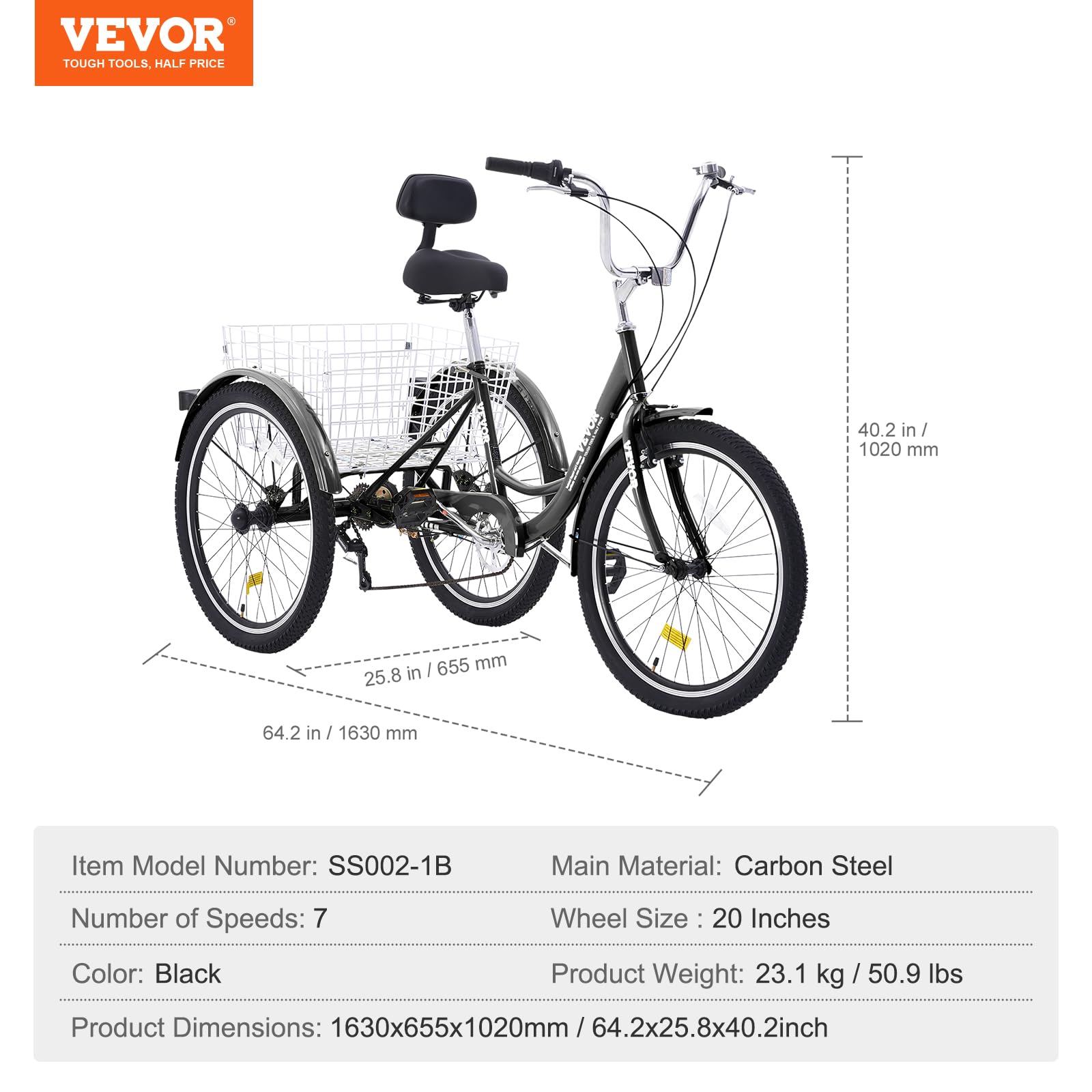 VEVOR Adult Tricycle 3-Wheel Bike for Seniors & Adults - Comfortable & Stable Ride for Exercise, Shopping & Leisure - 24/26 Inch Wheels, Adjustable Seat, Rear Basket Included