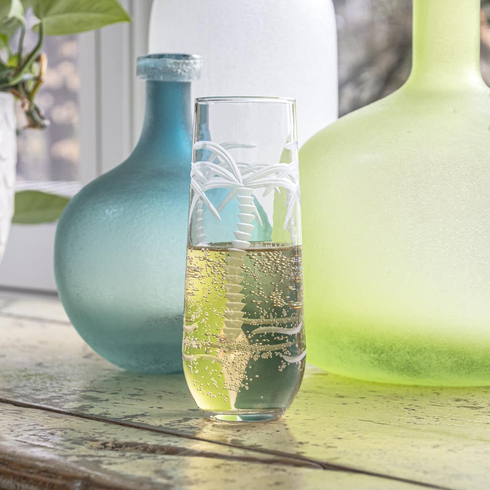 8.5oz Stemless Champagne Flutes Set of 2 - Elegant Palm Tree Design for Tropical Parties, Weddings & Poolside Celebrations