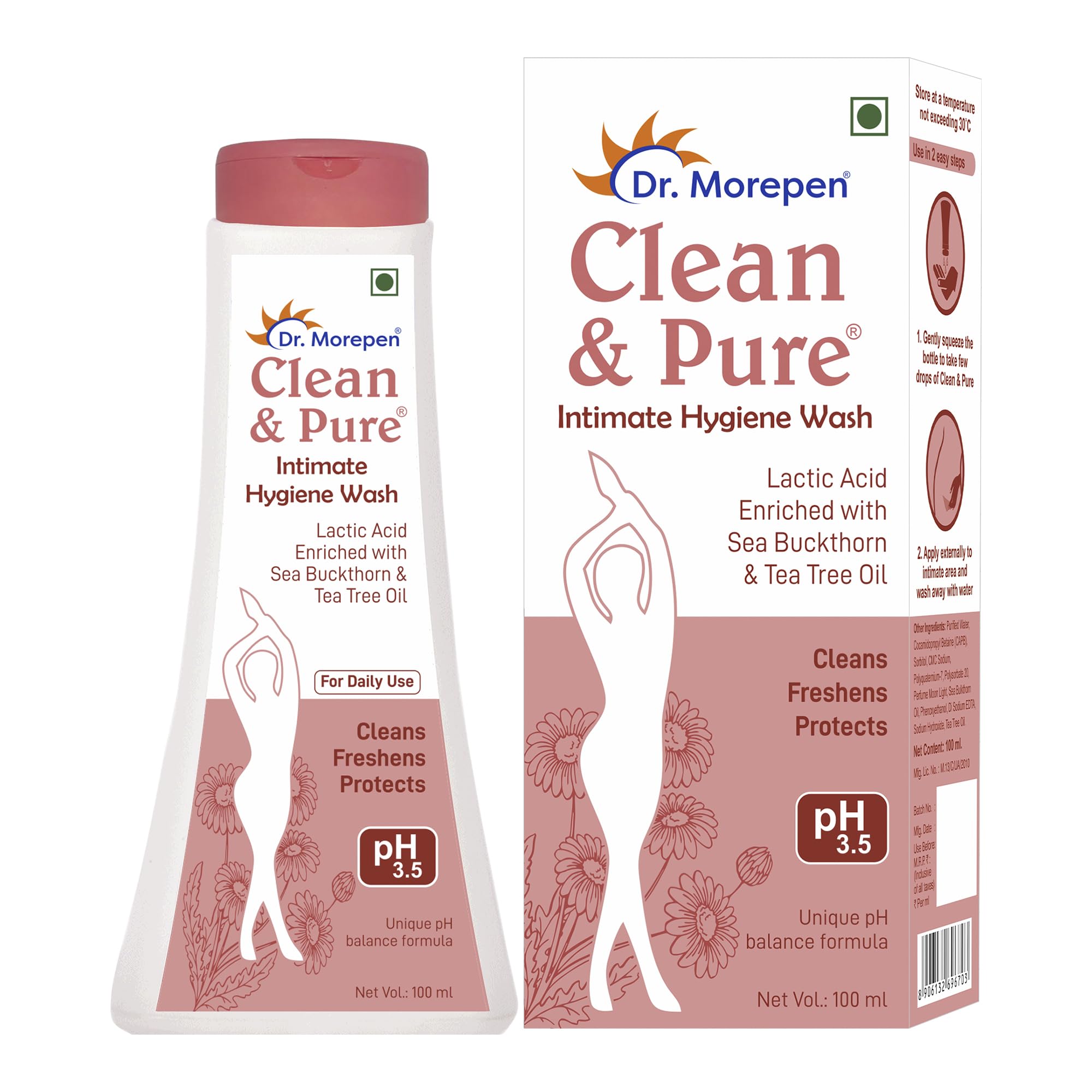 DR. MOREPEN Tea Tree Oil & Sea Buckthorn Intimate Wash for Women - pH Balanced, SLES & Paraben Free Feminine Hygiene (100ml) - Gentle Cleansing for Daily Use, Post-Workout & Menstrual Care