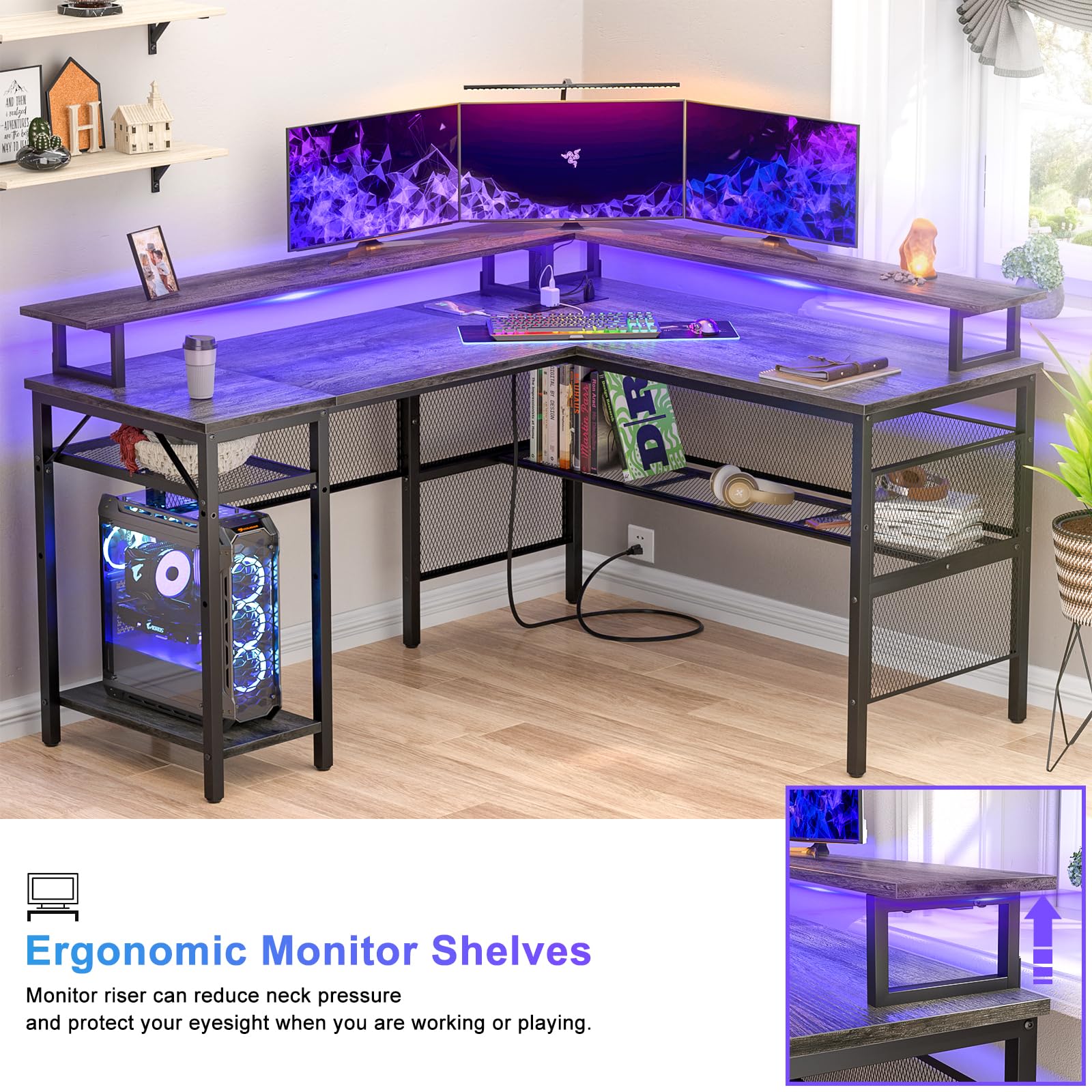 L-Shaped Computer Desk with Power Outlet & LED Strip - Reversible Corner Gaming Desk with Monitor Stand & Storage Shelf | Ergonomic 2-Person Home Office Workstation in Black Oak | Perfect for Small Spaces, Gaming Setups & Shared Workspaces