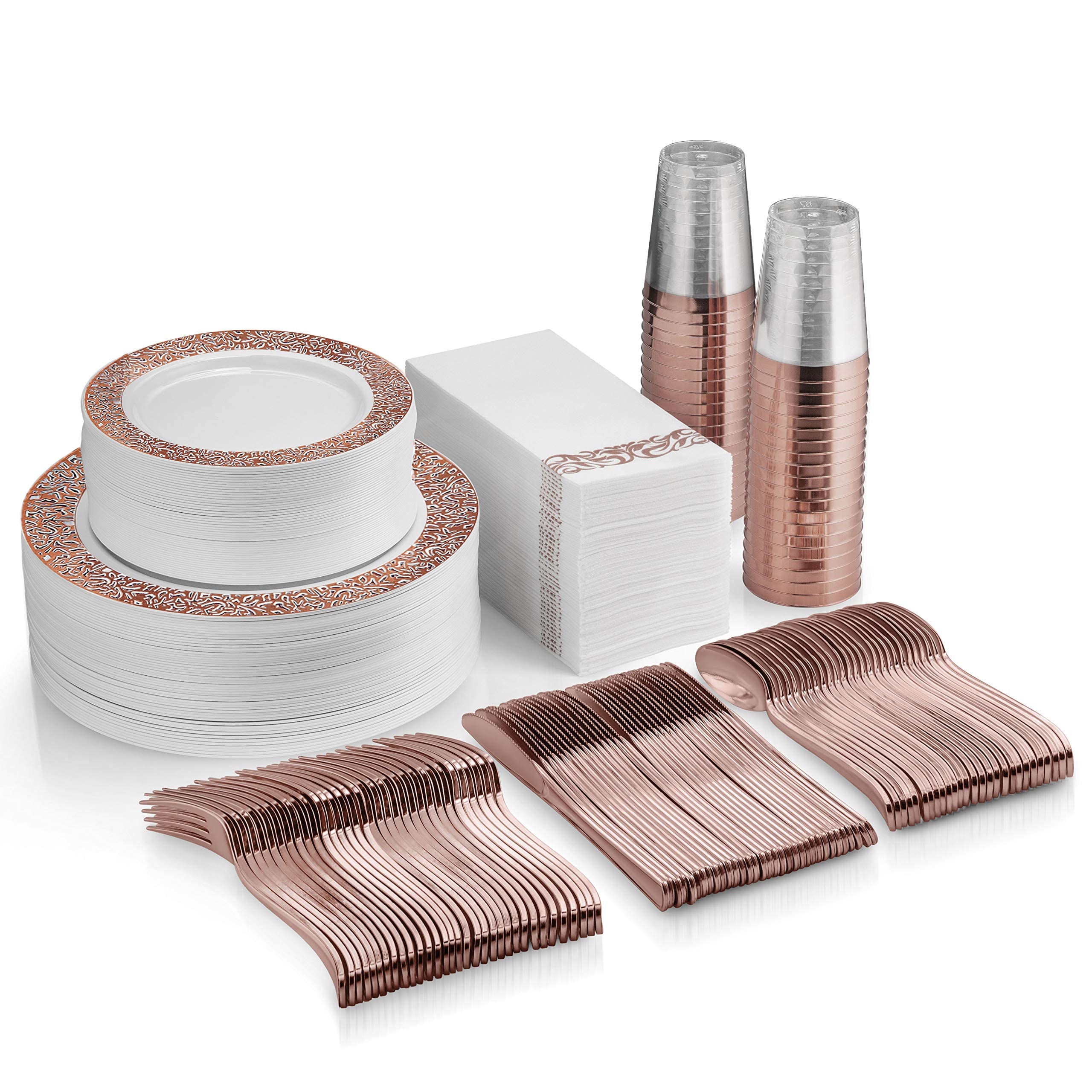350-Piece Rose Gold Elegant Disposable Dinnerware Set - 50 Lace Plastic Plates, 50 Silverware, 50 Cups & 50 Linen-Like Napkins - Perfect for Weddings, Bridal Showers, Parties & Formal Events