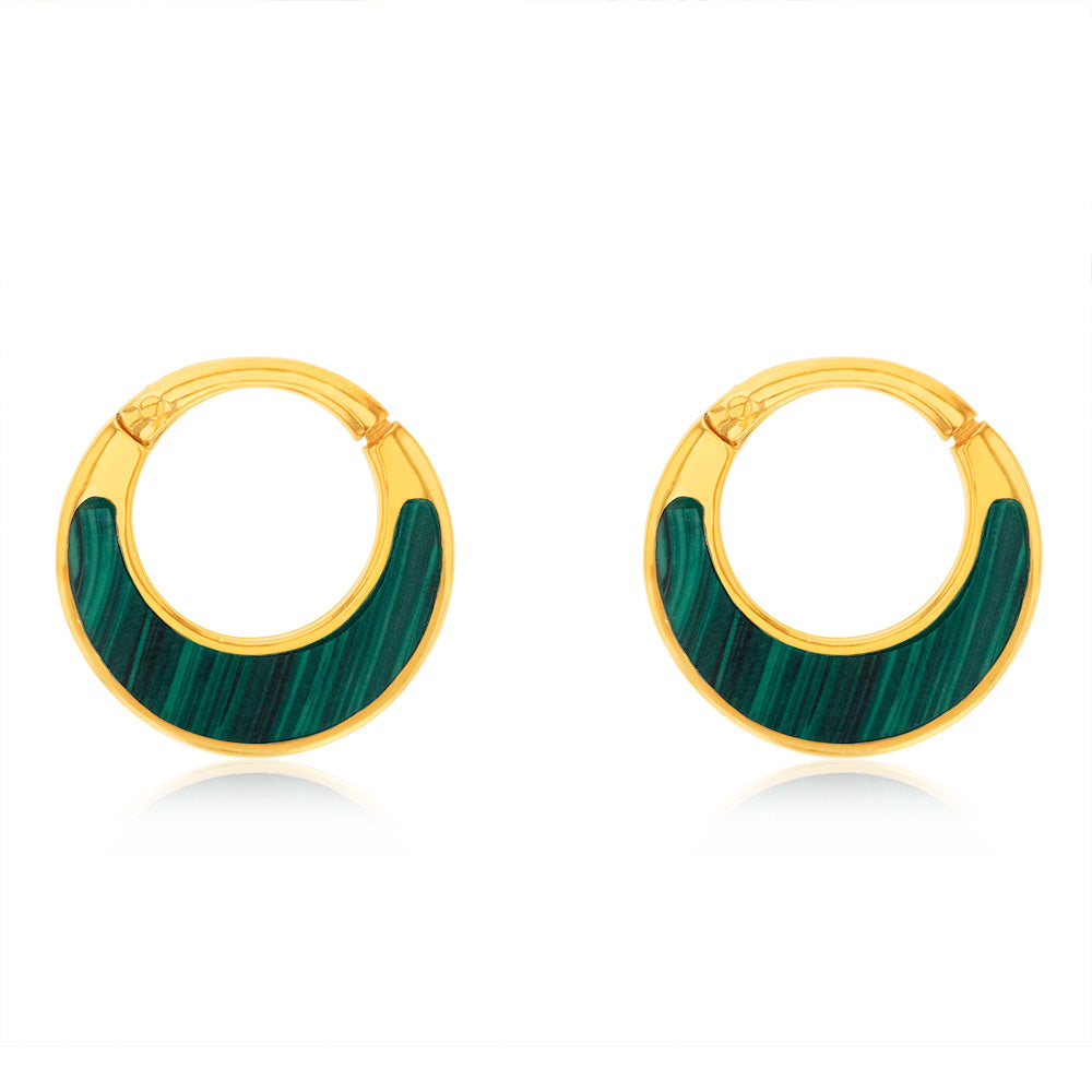 9ct Sterling Silver Gold Plated Natural Malachite Hoop Earrings for Women - Elegant Dangle Jewelry for Party, Wedding & Everyday Wear