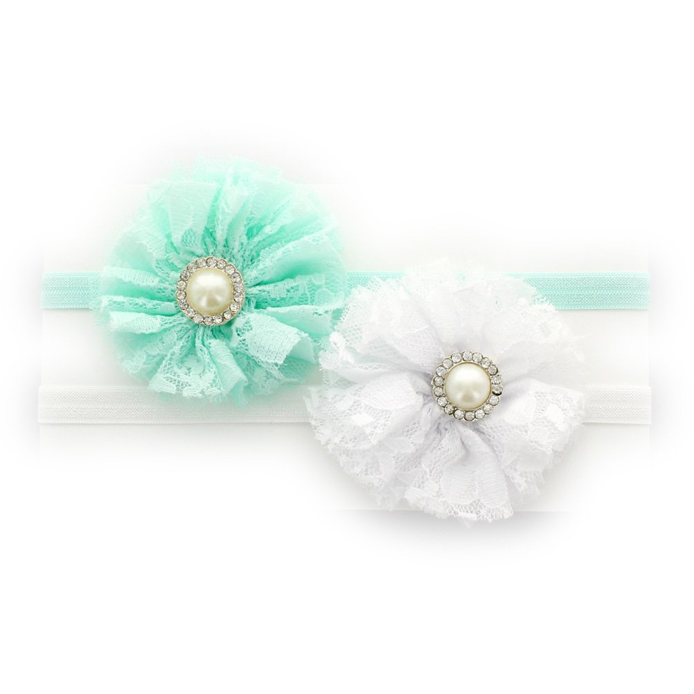 Lello Infant Baby Headbands - Shabby Lace & Tulle Flowers with Rhinestone Pearl Center, Stretchy Elastic Headbands for Girls (2-Pack) - Perfect for Newborn Photography, Birthday Parties & Special Occasions