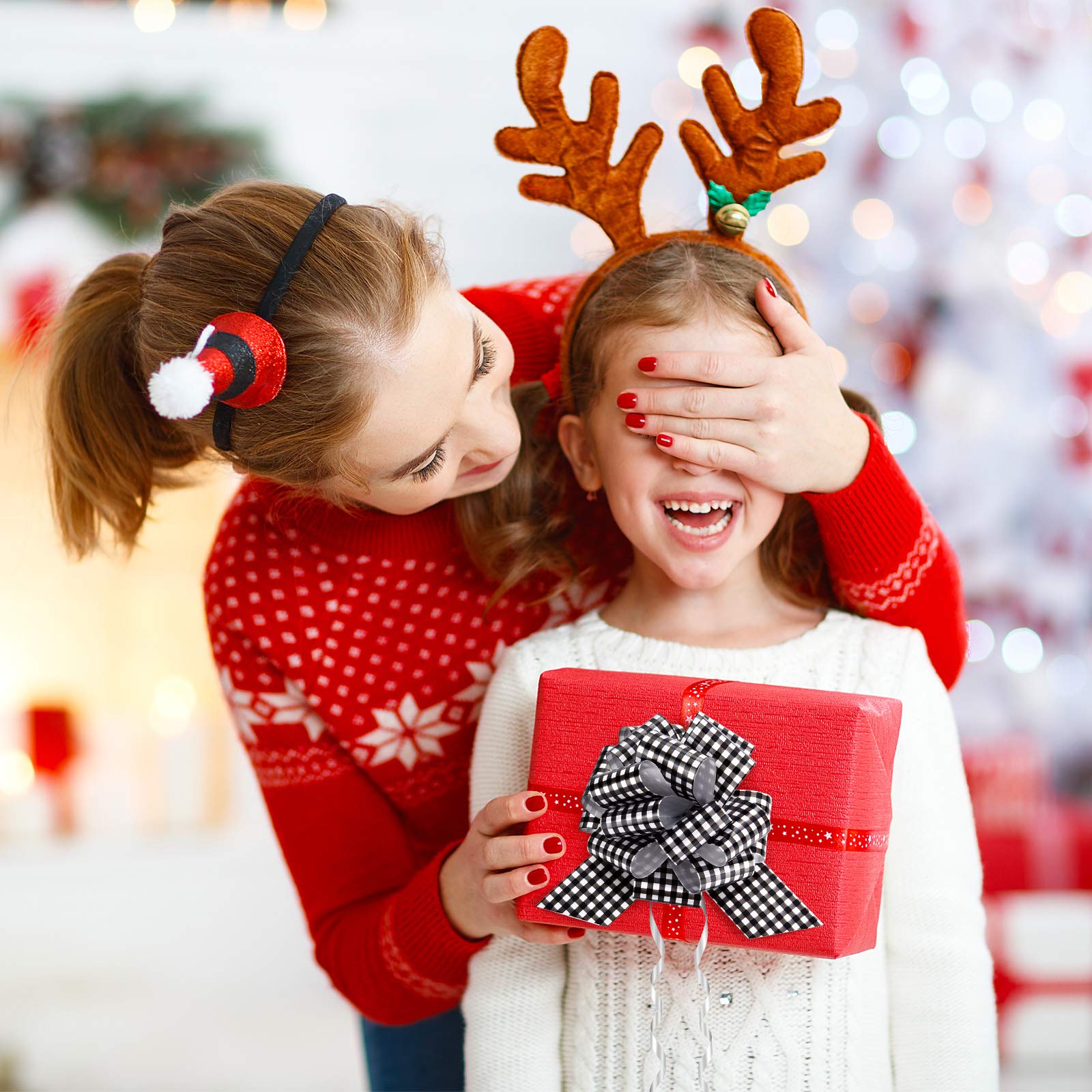20-Piece 5-Inch Christmas Pull Bows - Black and White Plaid Gift Wrapping Bows for Presents, Tree Decor, Wreaths & Holiday Baskets - Buffalo Check Ribbon Bows for Festive Home Decor & Party Gift Packaging