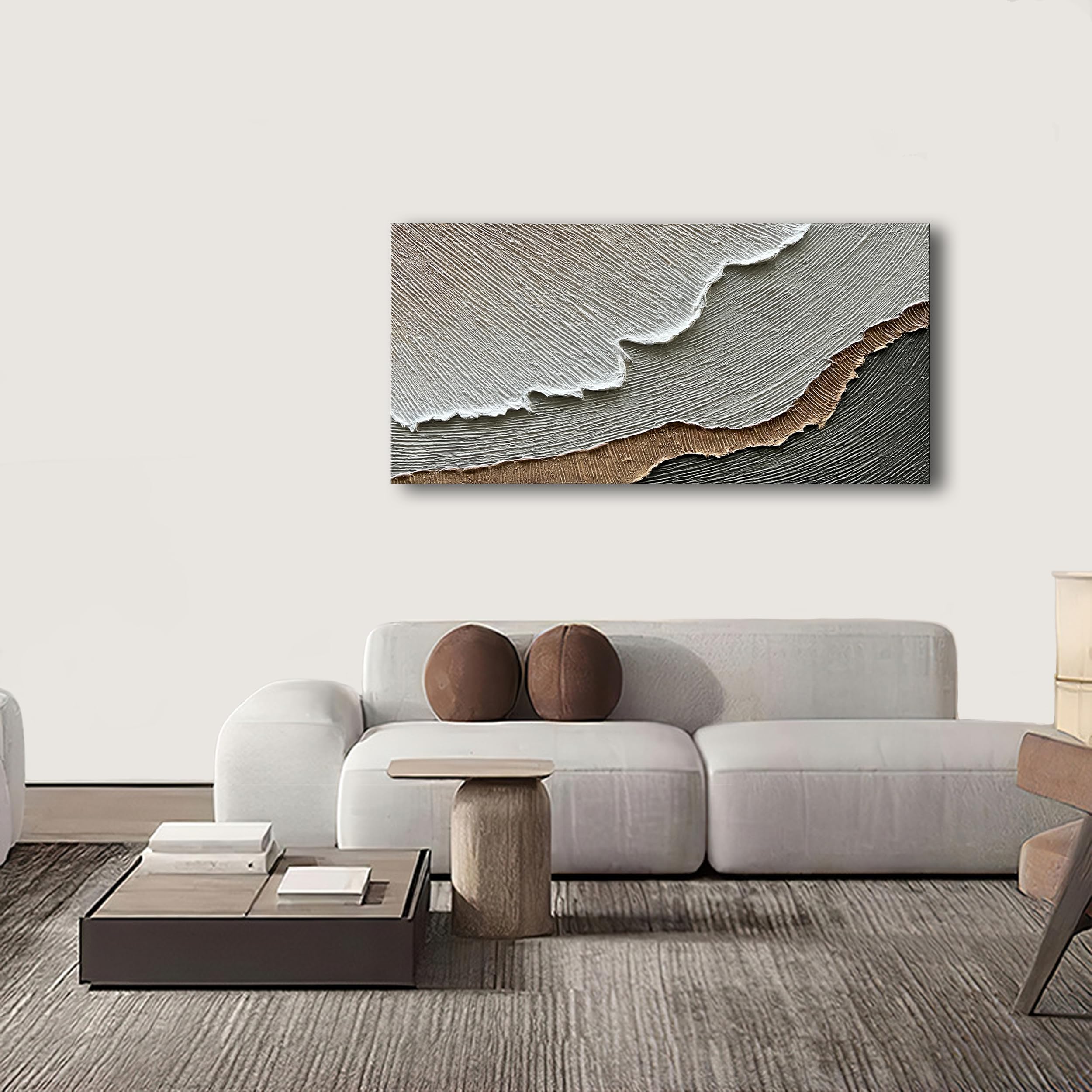 Hand-Painted Thick Texture Abstract Beach Wave Landscape Oil Painting - 24x48 Inch Wall Art for Living Room, Bedroom & Office Decor | NANKAI Premium Home Decoration