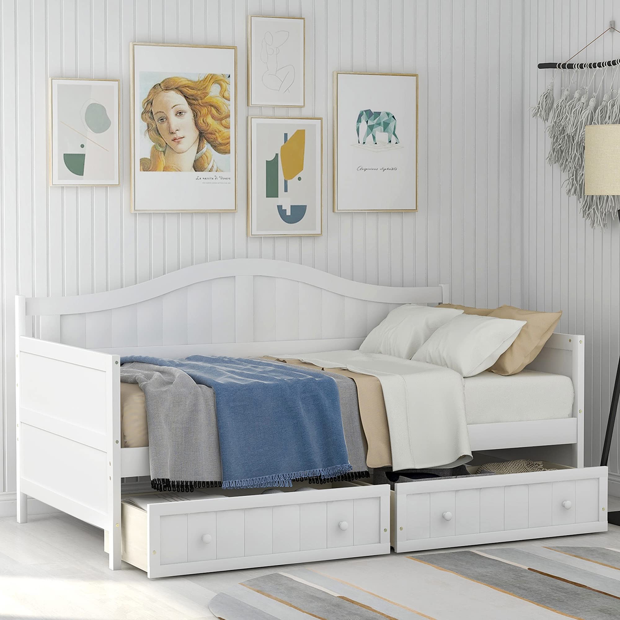 P PURLOVE Twin Daybed with 2 Drawers - Solid Wood Sofa Bed Frame for Bedroom & Living Room - No Box Spring Needed - White - Perfect for Guest Rooms, Small Spaces & Multi-Functional Furniture Needs