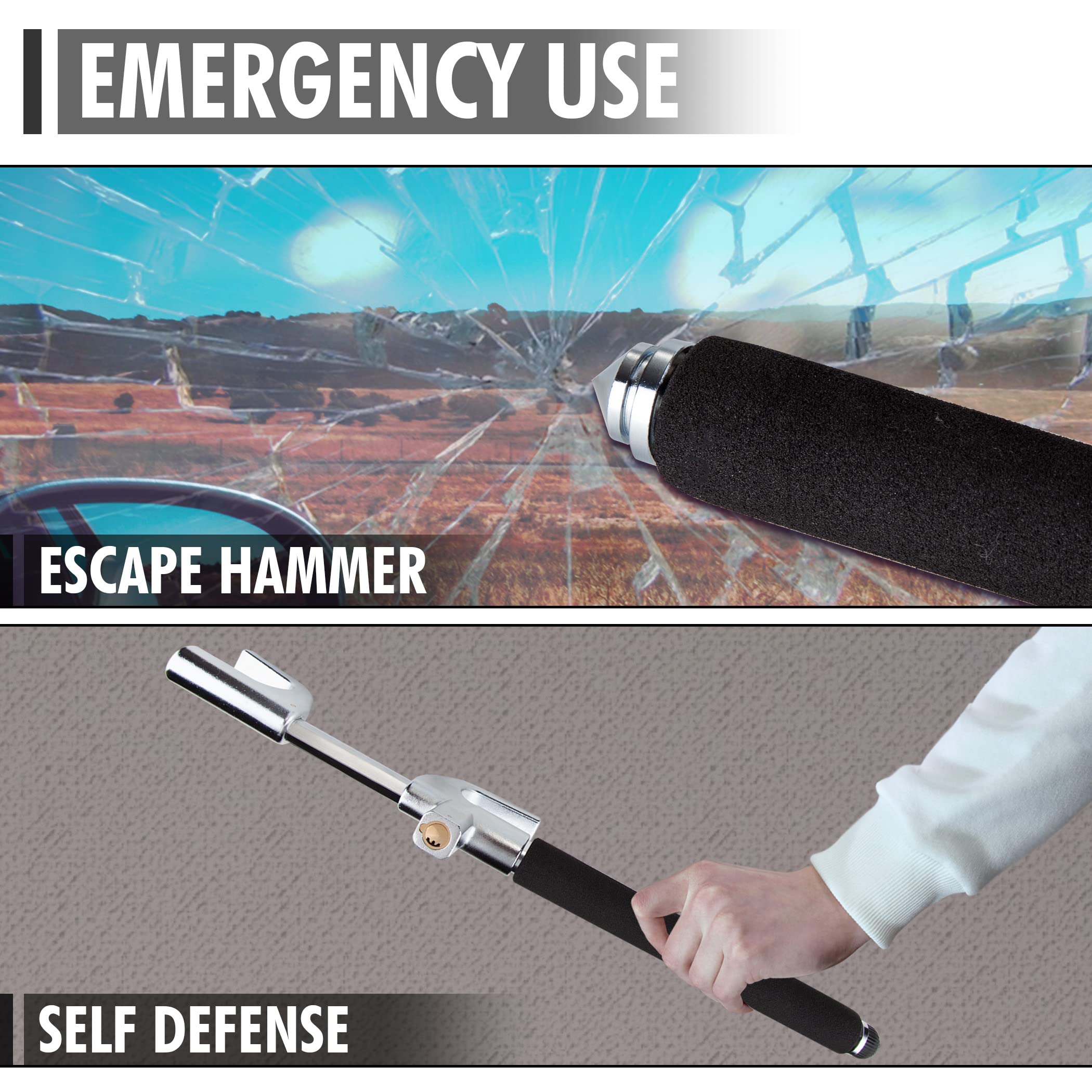 CARTMAN 3-in-1 Steering Wheel Lock - Heavy Duty Anti-Theft Car Security Device with Emergency Hammer & Window Breaker - Adjustable Length Universal Fit for Cars, Vans, SUVs - Perfect for Parking Security, Roadside Emergencies & Self-Defense