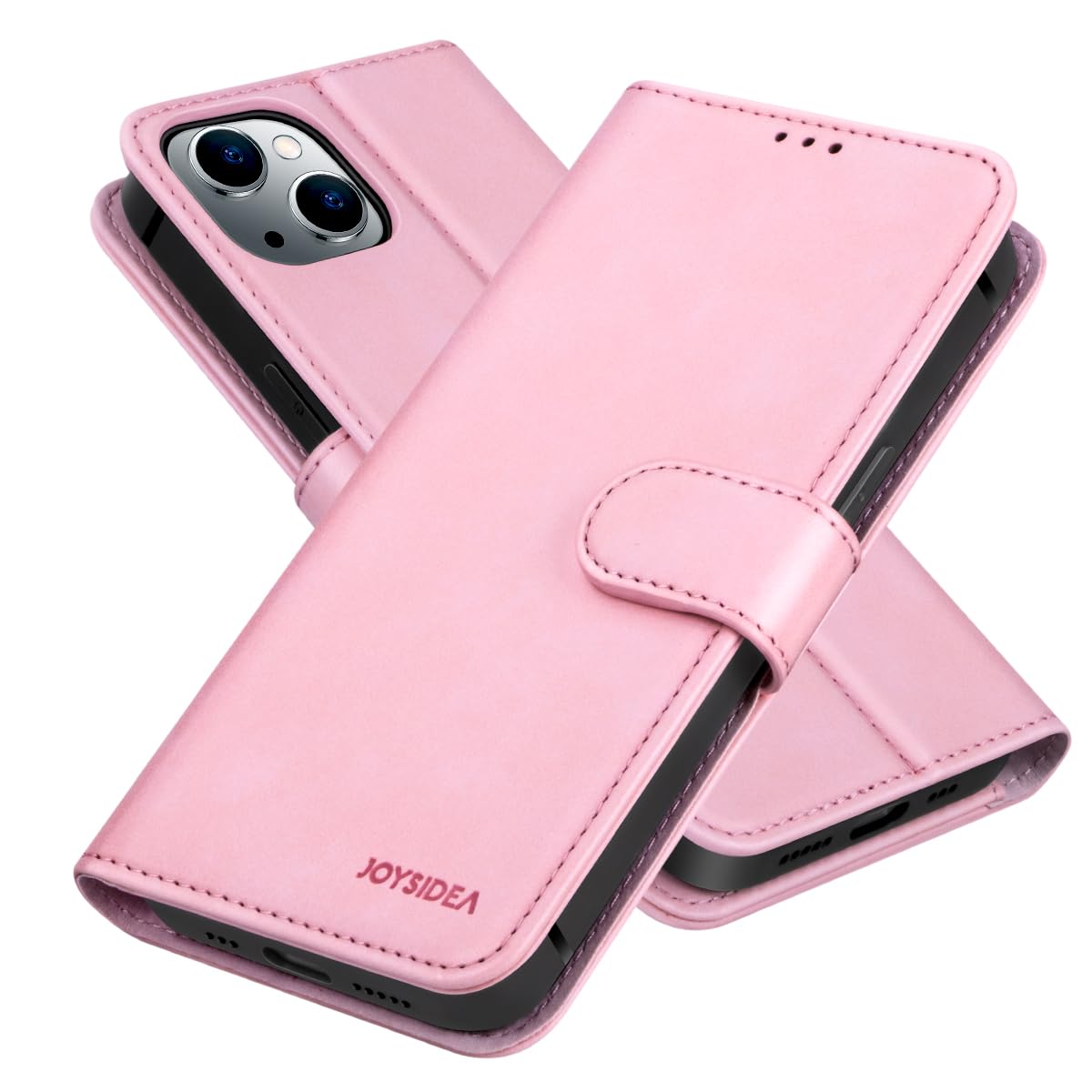 Premium Genuine Leather iPhone 13 Case with Card Holder & Magnetic Wallet - 6.1 Inch Shockproof Protective Cover with Stand (Pink) - Perfect for Business Professionals & Everyday Use