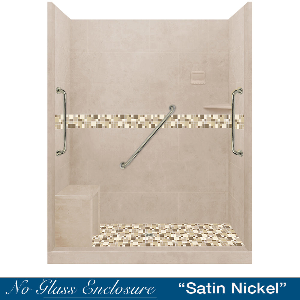 Freedom 60 Alcove Brown Sugar Sistine Stone & Tuscany Mosaic DIY Shower Remodel Kit with Free Shampoo Niche - Waterproof Bathroom Wall Tile for Shower Surround, Backsplash, and Wet Area Installation