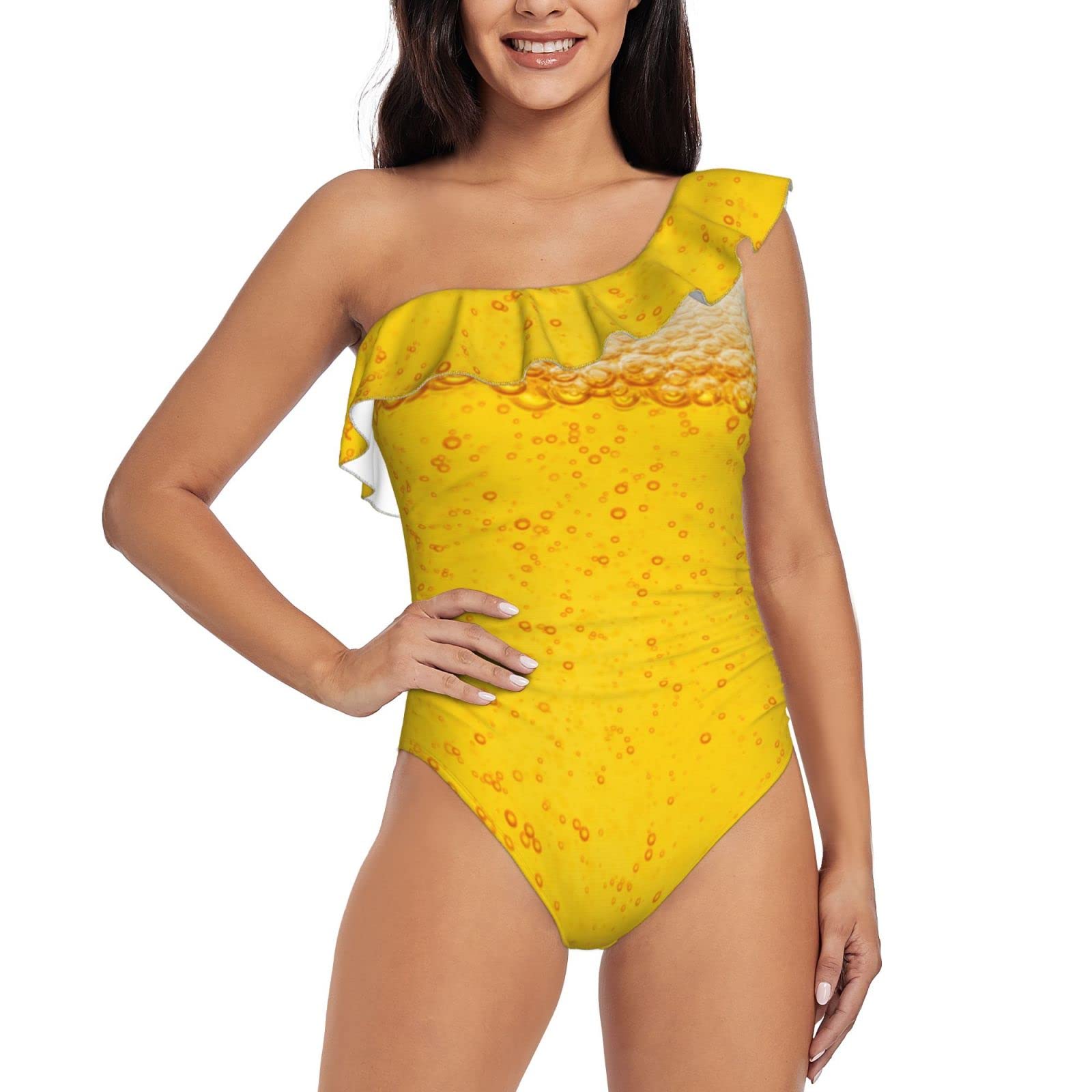**Cartoon Garbage Truck One-Shoulder Ruffle One-Piece Swimsuit for Women – Tummy Control Bathing Suit for Beach, Pool & Summer Vacations**