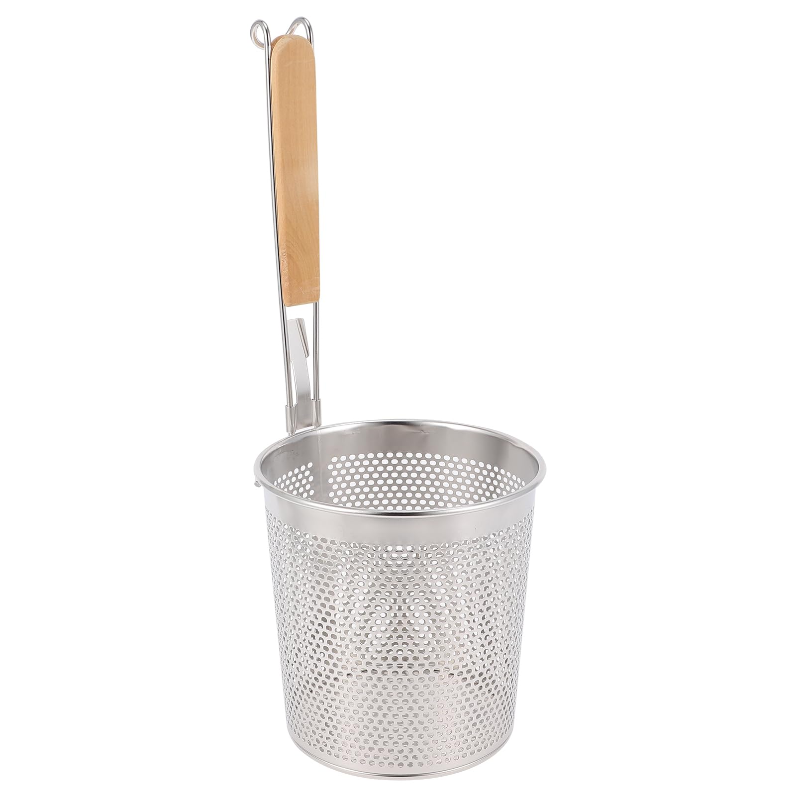 Stainless Steel Large Round Wok Strainer Colander with Wooden Handle - 14cm Fry Basket for Udon, Pasta, Noodle & Ramen - Perfect for Rinsing, Straining, Boiling & Frying in Asian & Italian Cooking