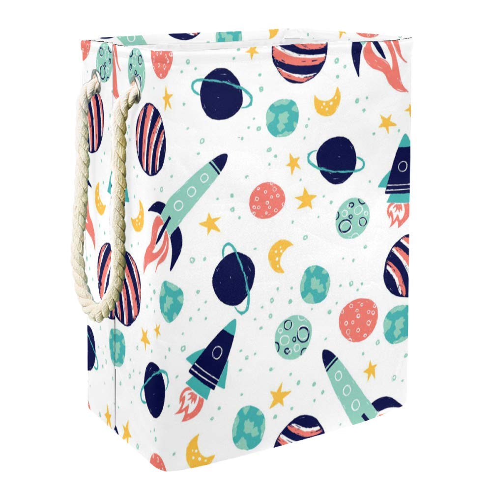 Collapsible Laundry Hamper with Moon, Stars & Planets Design - Foldable Clothes Basket for Bedroom, Bathroom, Dorm - Space Themed Storage Organizer for Kids Room, Nursery or College Dormitory