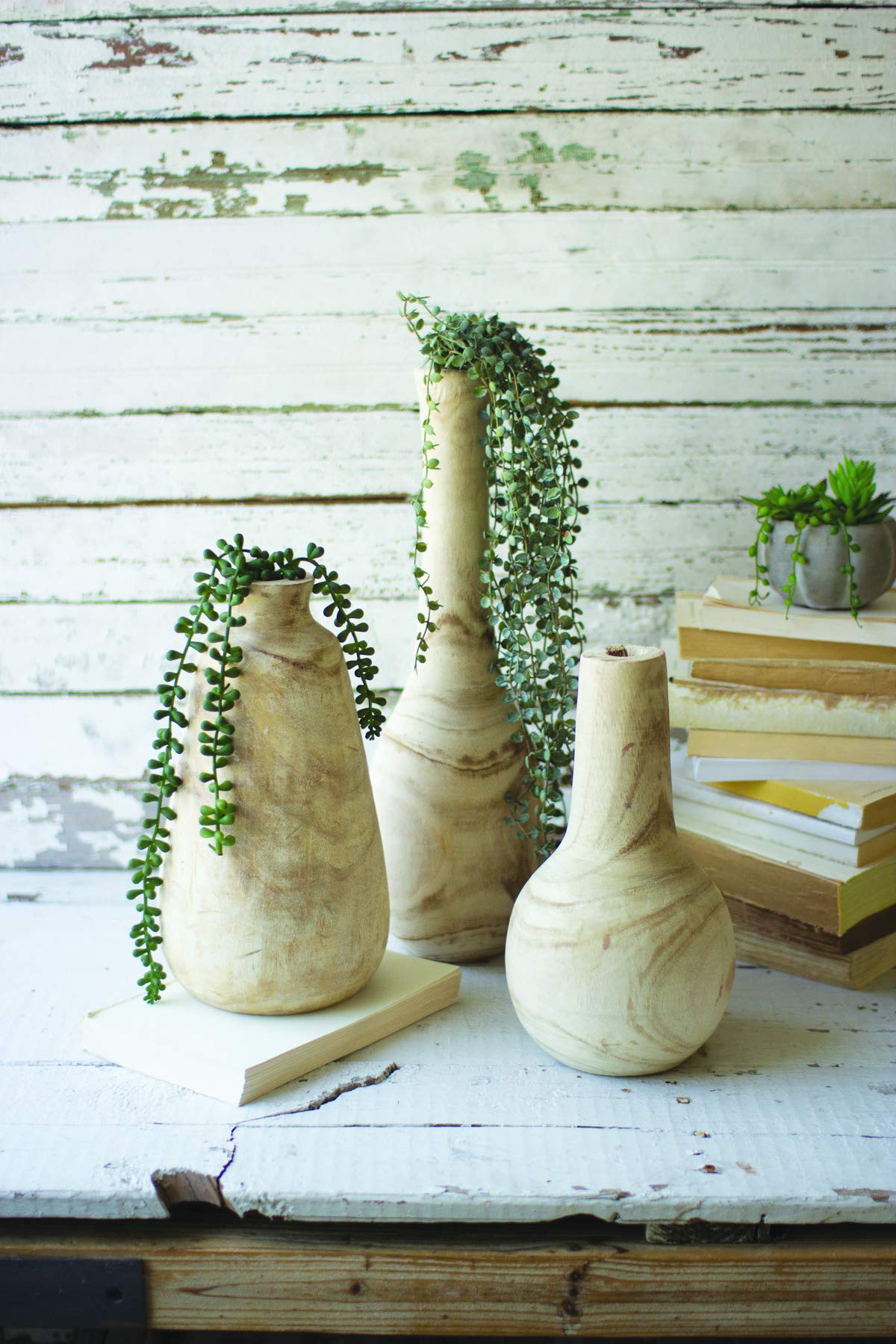 Hand Carved Tall Wooden Bottles Set - 3 Natural Vases for Home Decor | MY SWANKY HOME | Perfect for Living Room, Bedroom & Office Centerpiece Decorations