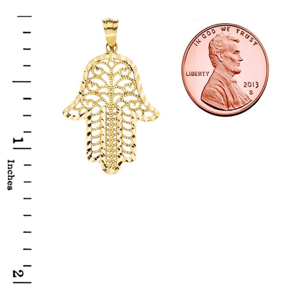 14K Yellow Gold Sparkle-Cut Filigree Hamsa Pendant Necklace - Elegant Hand of Fatima Jewelry for Women, Perfect for Gifts, Weddings & Spiritual Protection