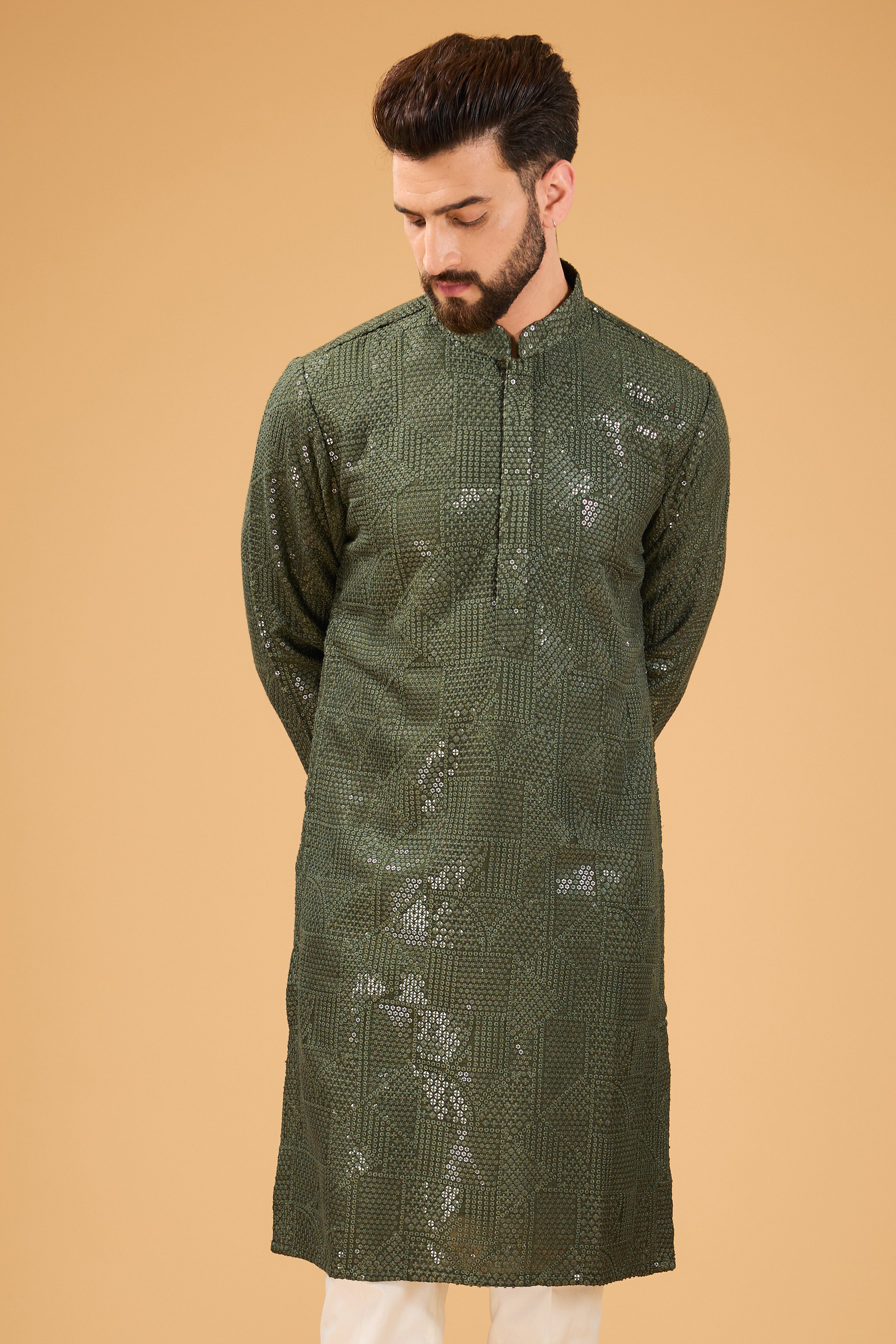 Military Green Embroidered Sequin Kurta for Women - Geometric Design Heavy Sequins - Perfect for Festivals, Parties, and Special Occasions