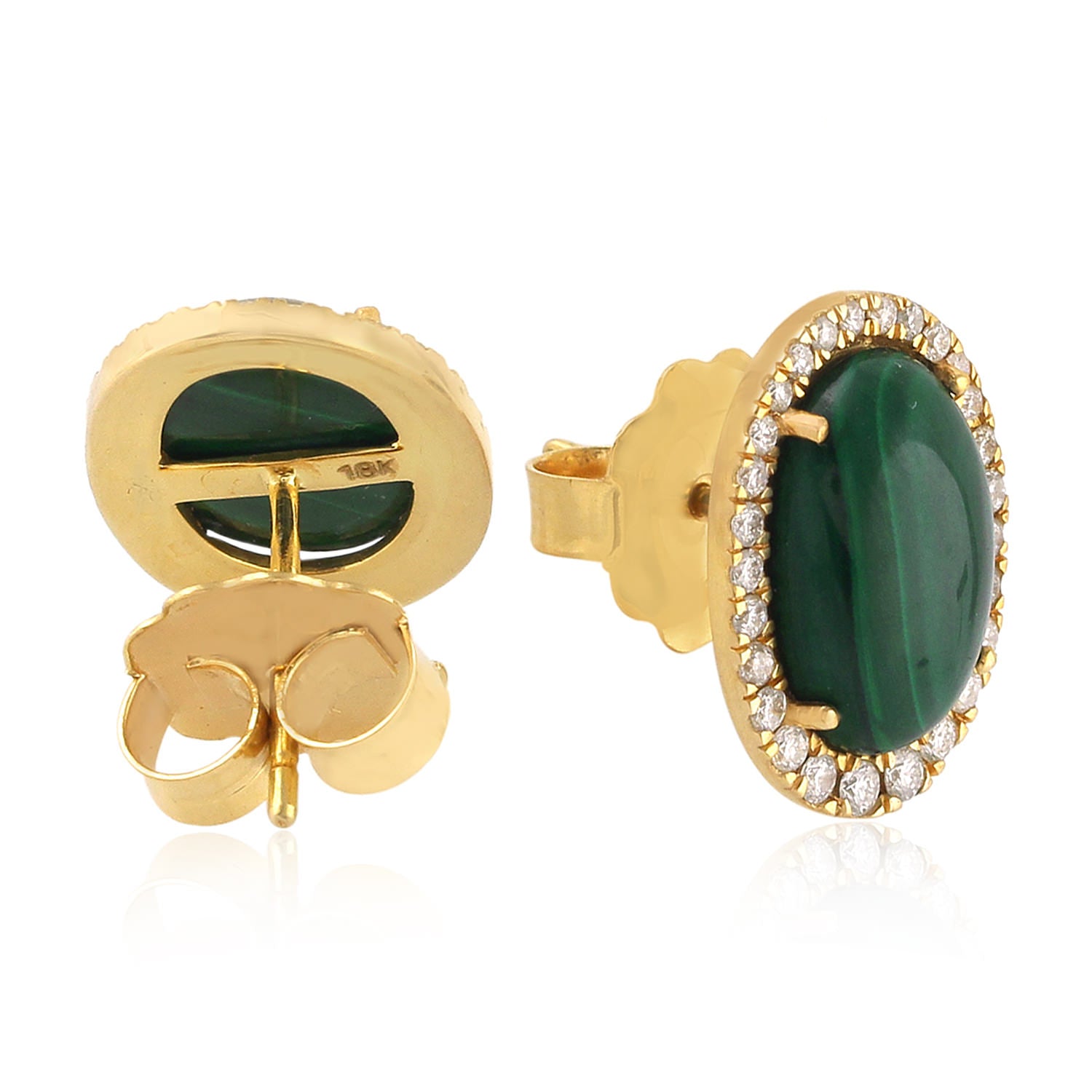 18K Yellow Gold Malachite Gemstone Pave Diamond Stud Earrings - Elegant Jewelry for Women, Perfect Gift for Birthday, Anniversary & Special Occasions