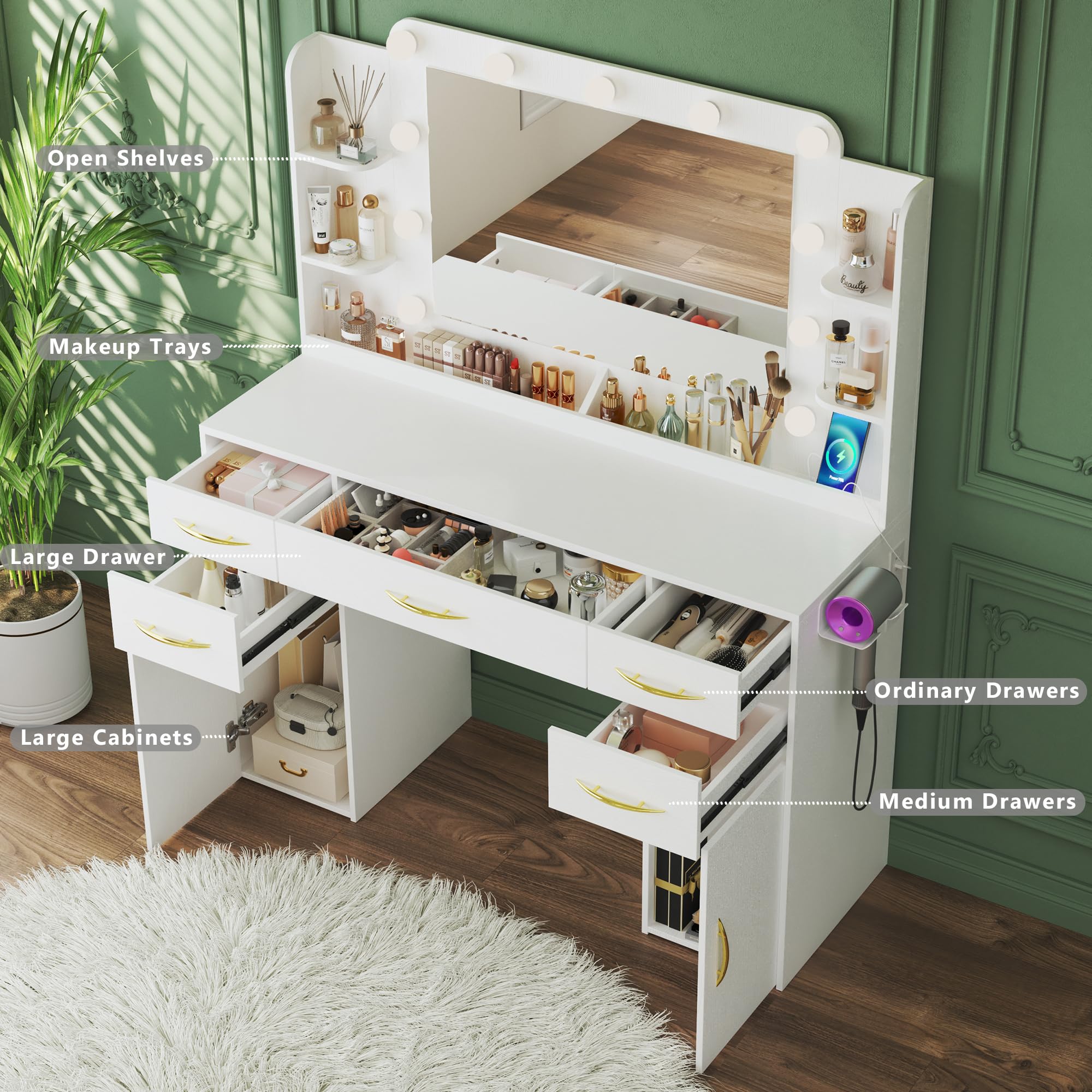 White Makeup Vanity Desk with LED Lights & Mirror - 3 Light Settings, Power Outlet, 5 Drawers & 2 Cabinets - Bedroom Vanity Table with Shelves for Cosmetics & Jewelry Organization | Perfect for Makeup Application, Dressing Area & Home Decor