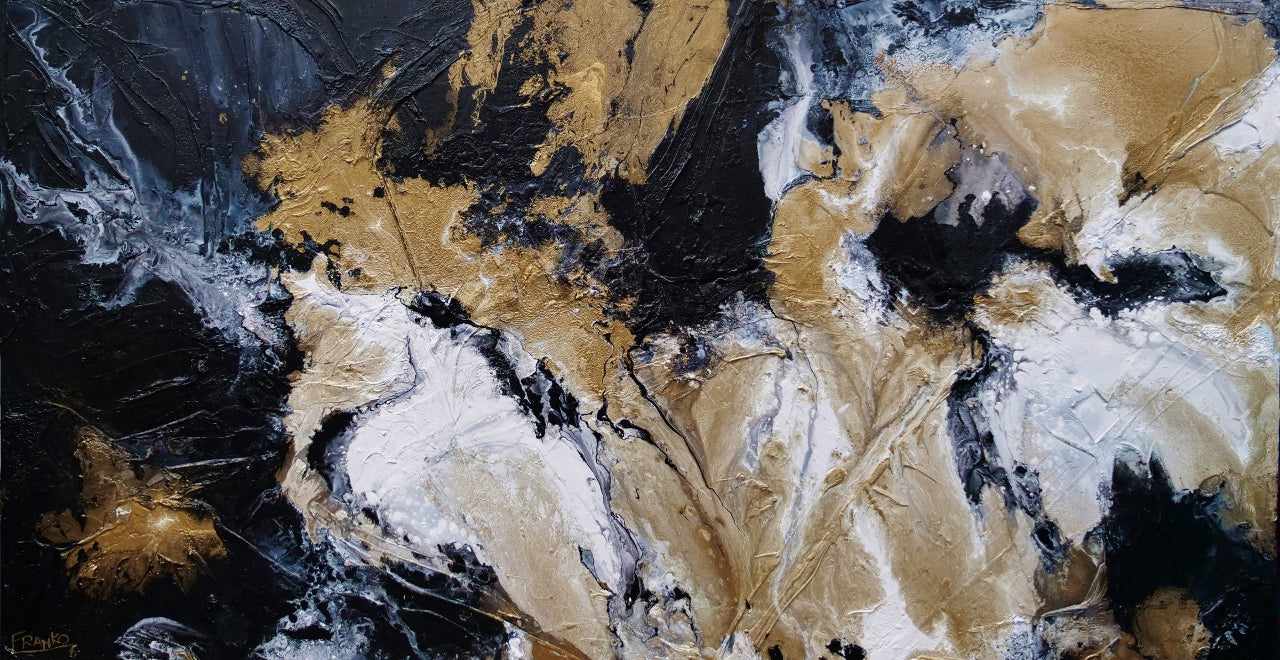 190cm x 100cm Black Gold White Textured Abstract Canvas Painting - Modern Wall Art for Living Room, Bedroom & Office Decor - Golden Saturation Design