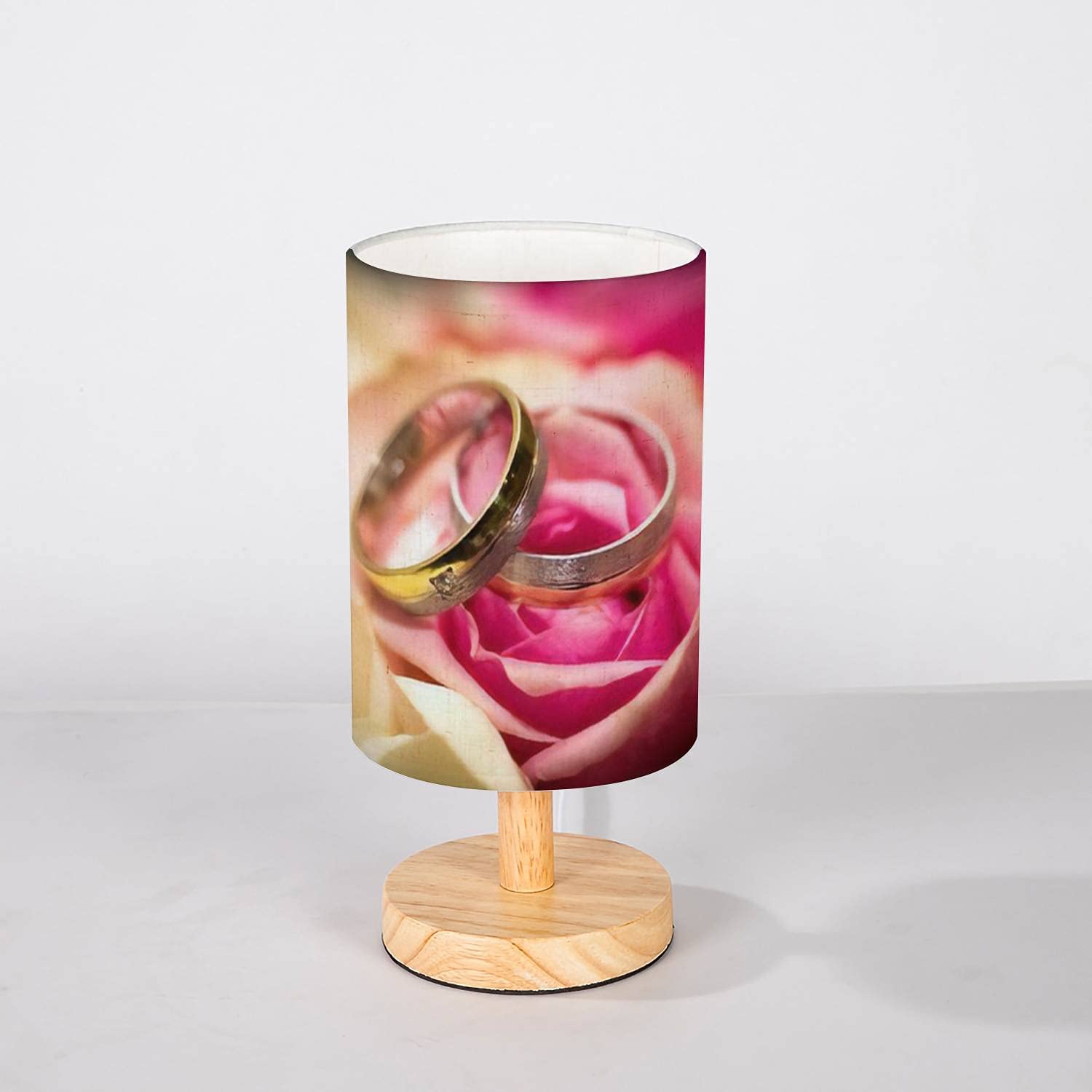 Minimalist Wooden Bedside Table Lamp with Flaxen Fabric Shade - Romantic Wedding Rings & Pink Roses Design - Perfect for Bedroom, Living Room & Nightstand Decor