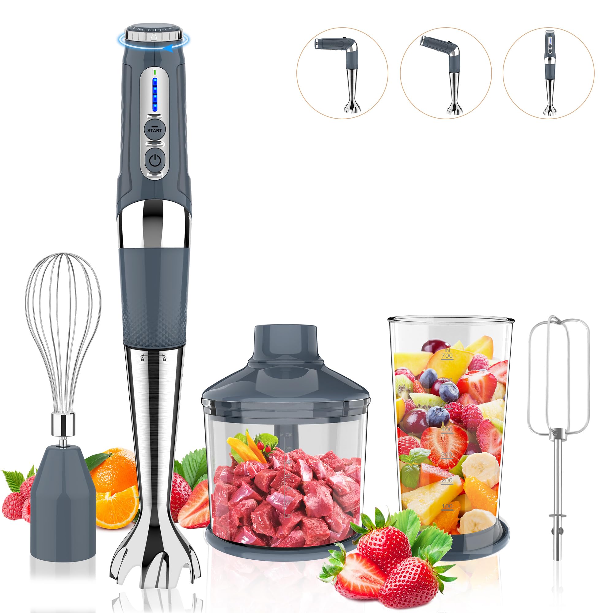 4-in-1 Cordless Immersion Blender - 21 Speed Rechargeable Hand Blender with 700ml Chopper, Beaker, Egg Whisk & Beater - Perfect for Smoothies, Soup, Baby Food & Baking - Adjustable 3-Angle Design (Grey)