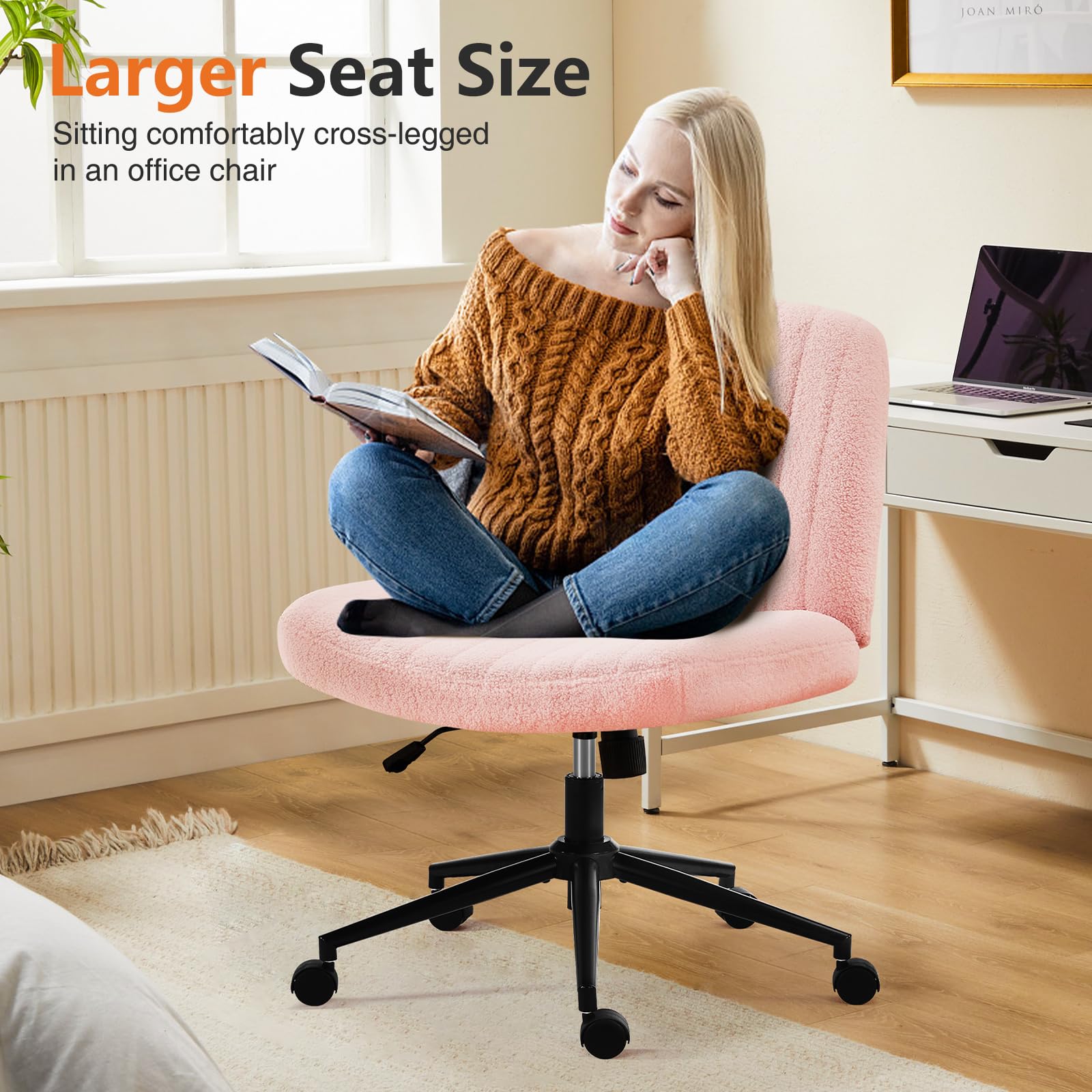 Sweetcrispy Criss Cross Chair Legged Armless Office Desk Chair with Wheels - Swivel, Height Adjustable, Wide Seat Computer Task Chair for Home & Office - Teddy Pink - Perfect for Workstations, Gaming & Study Spaces