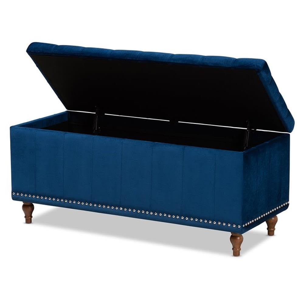 BOWERY HILL Navy Blue Velvet Upholstered Storage Ottoman Bench with Tufted Design - Stylish Footrest, Seat & Hidden Storage for Living Room, Bedroom & Entryway