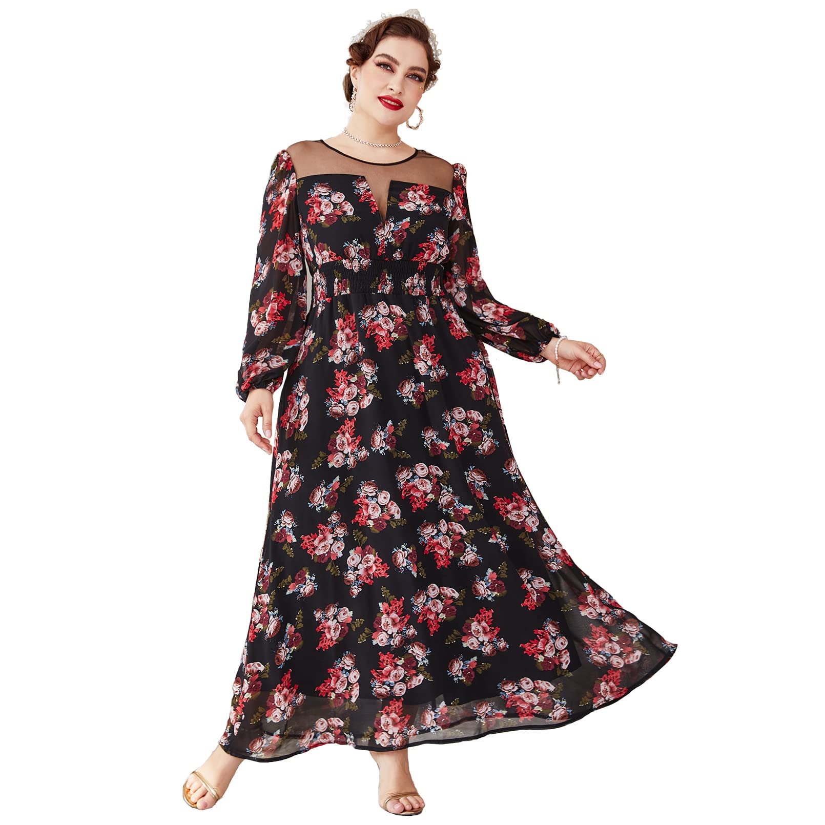 Plus Size Floral Printed Elegant Deep V Neck Lace Maxi Dress for Women | Sexy & Stylish Long Dress for Evening Parties, Weddings & Special Occasions