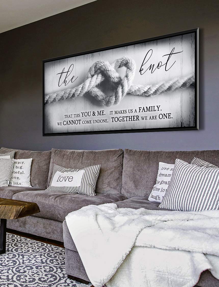 Romantic The Knot Wall Art - Grey & Black Floating Frame 42x19 - Large Framed Love Sign for Bedroom Decor, Couples Gift, Over the Bed Wall Décor - Perfect for Master Bedroom, Wedding Anniversary & Valentine's Day Gifts