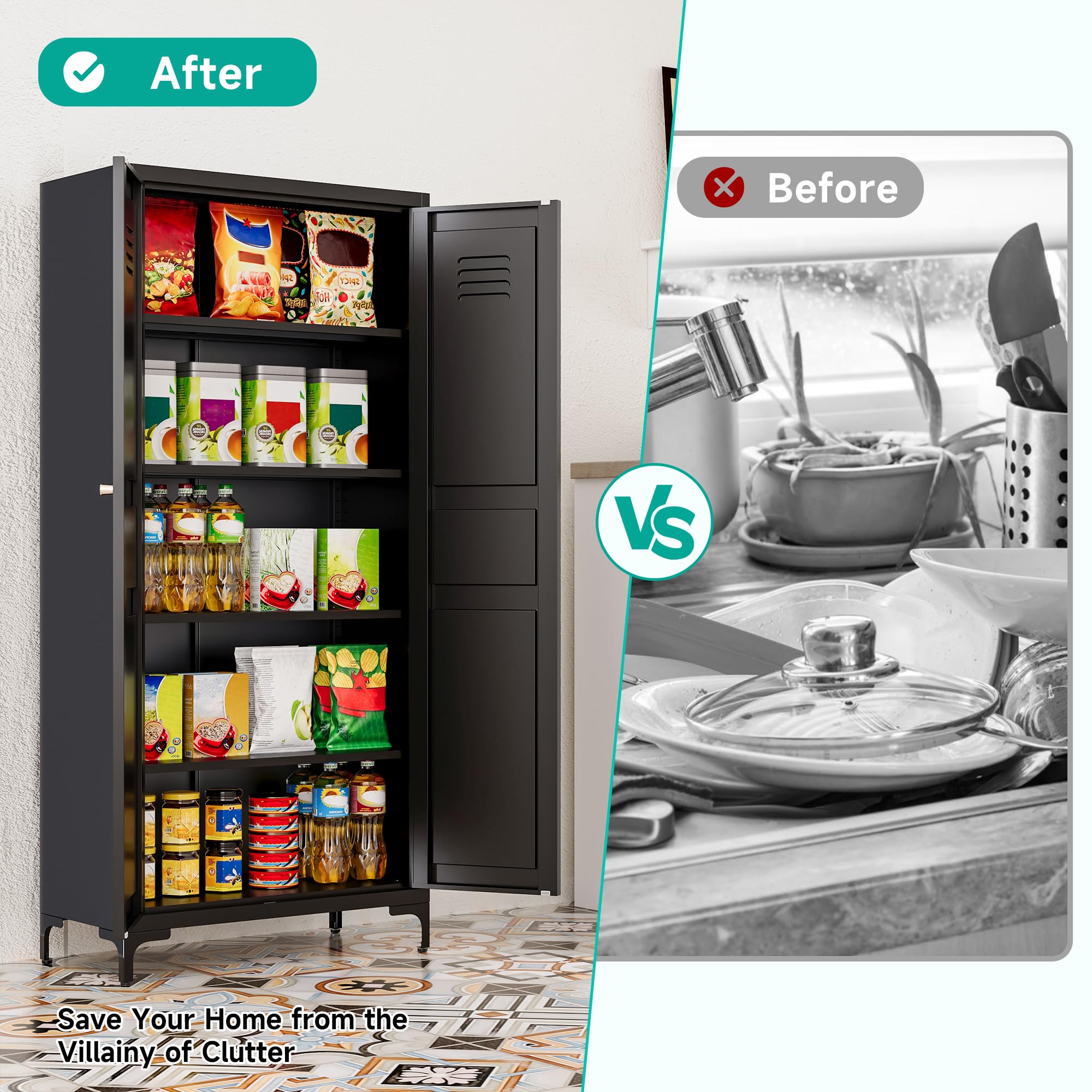 SESESOL Black Metal Storage Cabinet with Doors and Shelves - Tall Large Ventilated Pantry Closet with Legs for Kitchen, Dining Room, Living Room & Laundry Room - Perfect for Organizing Food, Dishes, Linens & Household Supplies