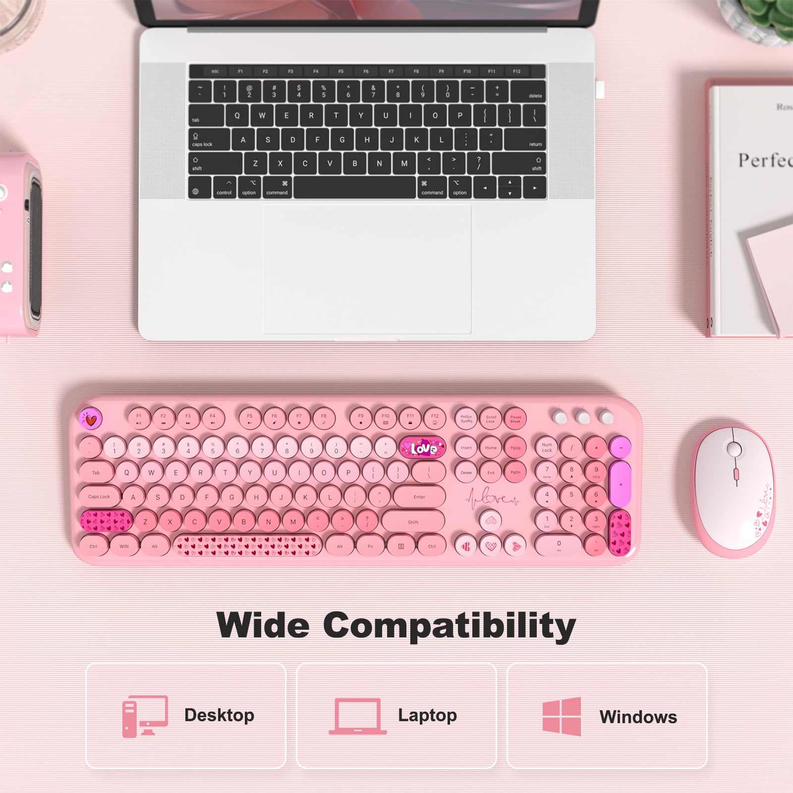 MOFII Wireless Keyboard Mouse Combo - Retro Typewriter Style for PC Laptop (Pink) - Perfect for Office & Home Use