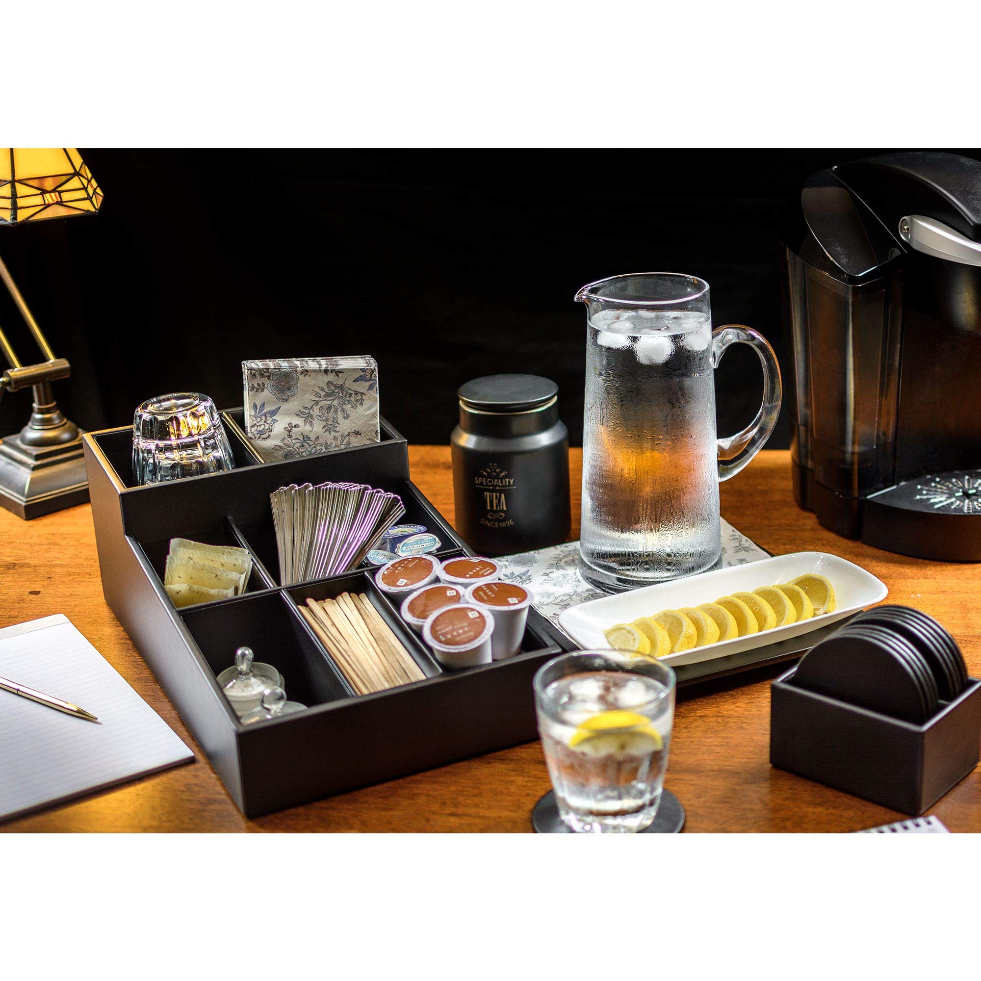 Premium Dacasso Leather Coffee Condiment Organizer - Black | Spice Rack & Kitchen Countertop Organizer for Coffee, Tea, Sugar Packets | Perfect for Home, Office & Restaurant Use