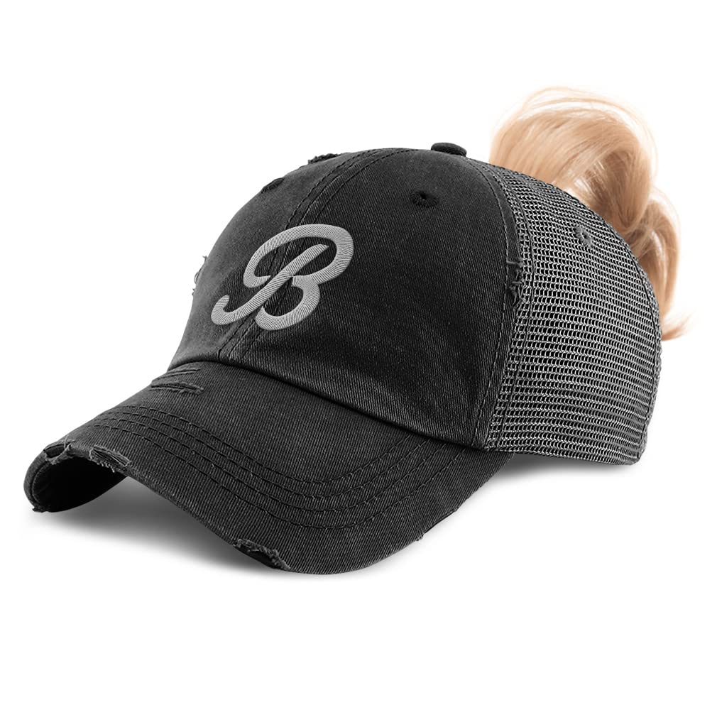 Women's Distressed Cotton Trucker Hat with Ponytail Hole & B Letter Design - Perfect for Outdoor Activities, Sports & Casual Wear