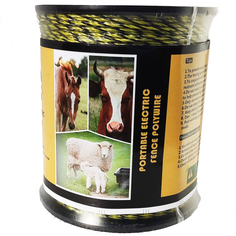 High-Conductivity Electric Fence Wire 1650ft/500m - 6-Strand Stainless Steel, Weatherproof & Rust-Resistant Polywire (Yellow/Black) for Livestock, Farms & Perimeter Security