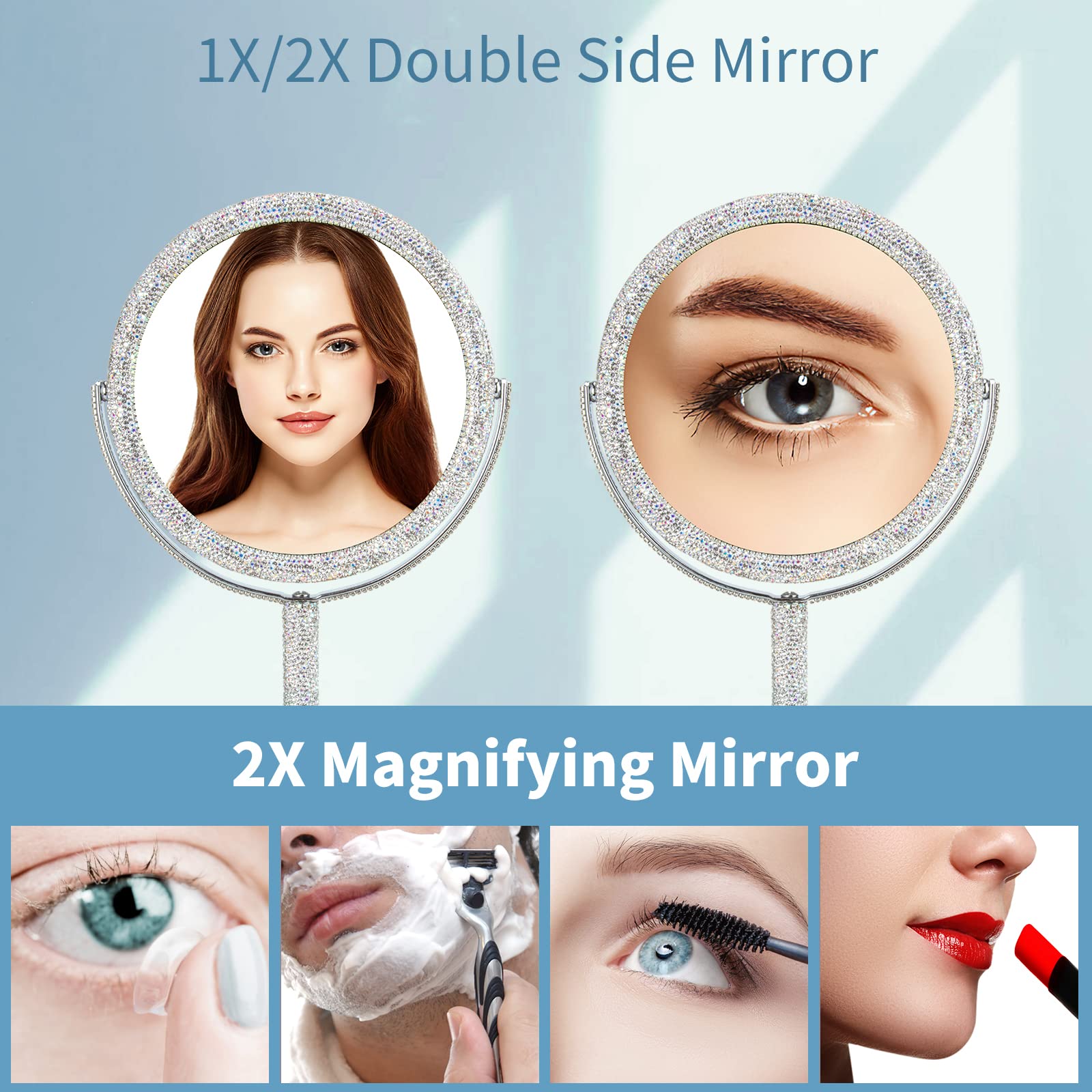KEYPOWER Bling Rhinestone Vanity Mirror - Round Double-Sided Cosmetic Mirror with Stand, Glitter Movable Desk & Tabletop Mirror for Bathroom, Bedroom, Makeup Station (White) - Perfect for Makeup Application, Skincare Routine & Home Decor