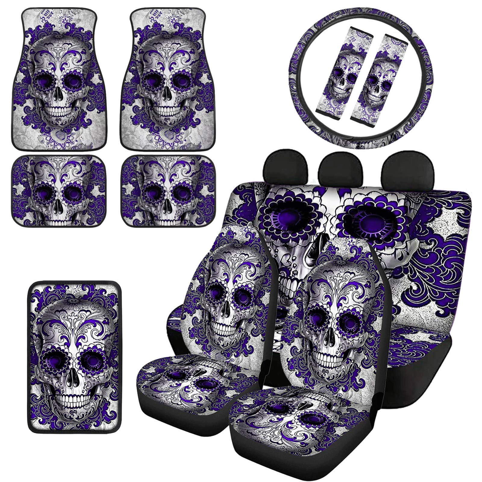 Premium Purple Hippie Skull Car Seat Covers Set - Universal Front & Back Seat Protectors, Steering Wheel Cover, Seat Belt Pads, Console Cover & Floor Mats for Cars, SUVs & Trucks - Hippie Style Auto Accessories for Road Trips & Custom Car Interior