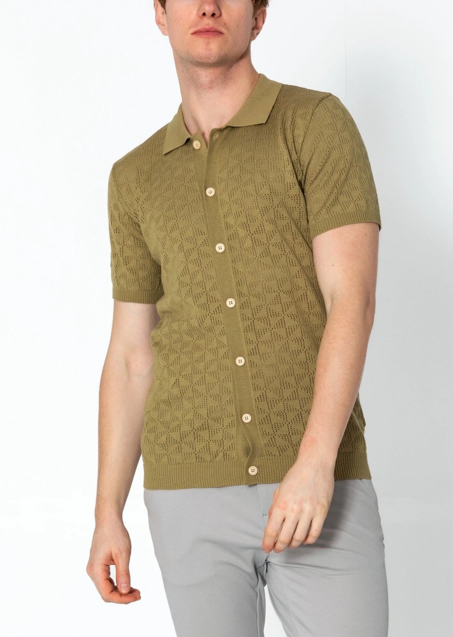 Geometric Crochet Polo Shirt for Men - Stylish Green Summer Casual Top | Perfect for Beach Outings, Music Festivals & Boho Fashion