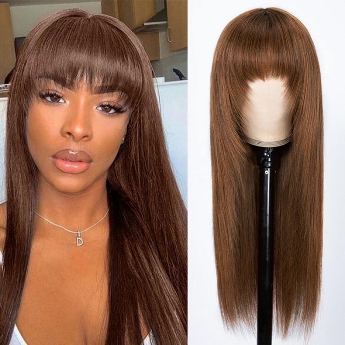 Beauty Forever #4 Chocolate Brown Straight Human Hair Wig with Bangs - 20 Inch Glueless Machine Made Full Wig, 150% Density, Affordable Layered Cut for Natural Look | Perfect for Cosplay, Daily Wear, and Fashion Styling