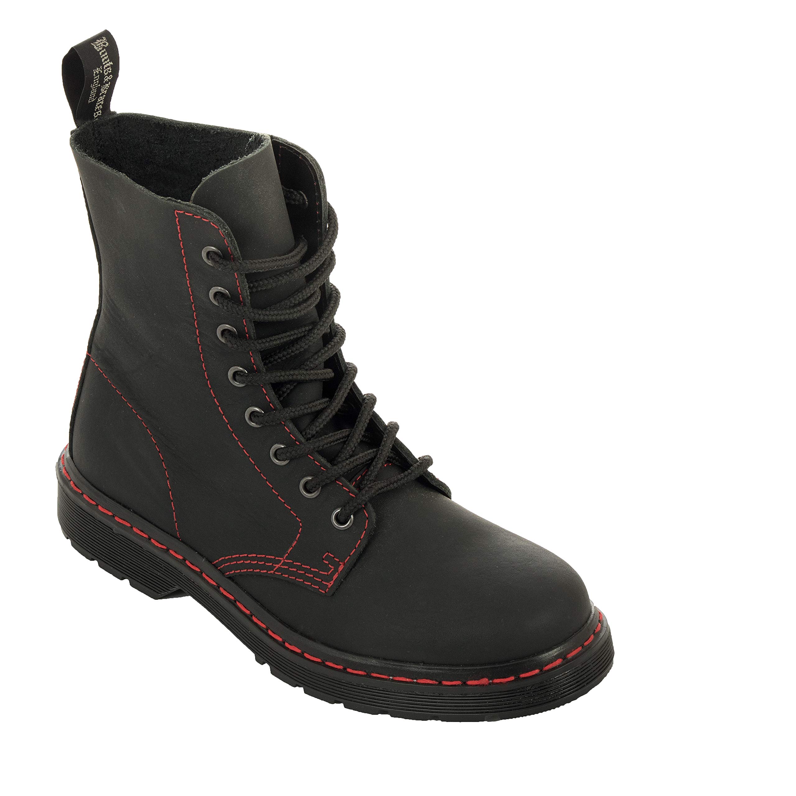 Men's 8 Eye Matt Black Boots with Red Stitching - Premium Leather Combat Boots for Punk, Gothic & Workwear Fashion | Perfect for Motorcycle Riding, Concerts & Everyday Wear