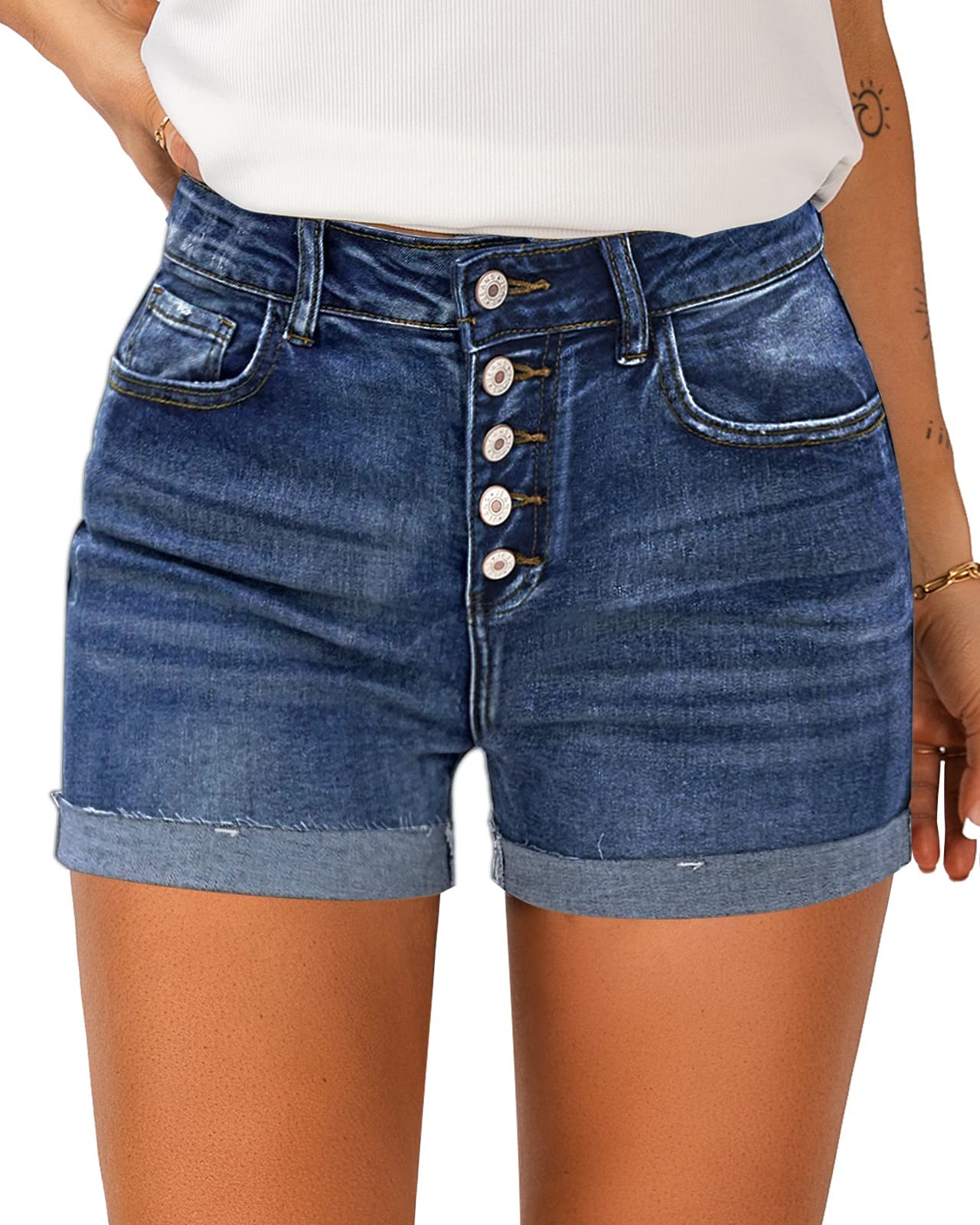 LookbookStore Women's High Waisted Denim Shorts with Button Details & Cuffed Hem | Summer Fashion Staple | Perfect for Beach, Casual Outings & Street Style