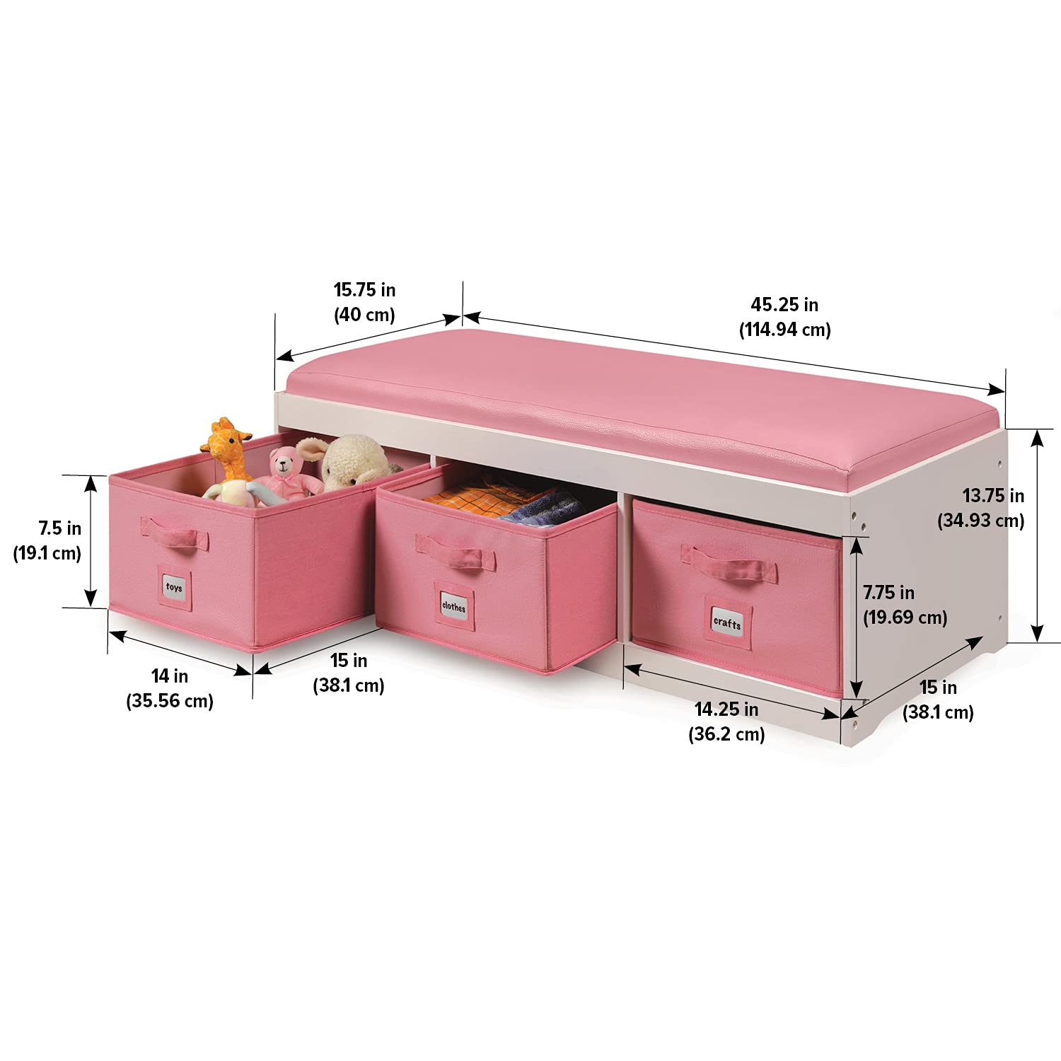 Badger Basket Kids’ Storage Bench with Cushion & 3 Bins - White & Pink, Durable Comfortable Seating for Bedroom, Playroom & Nursery Organization