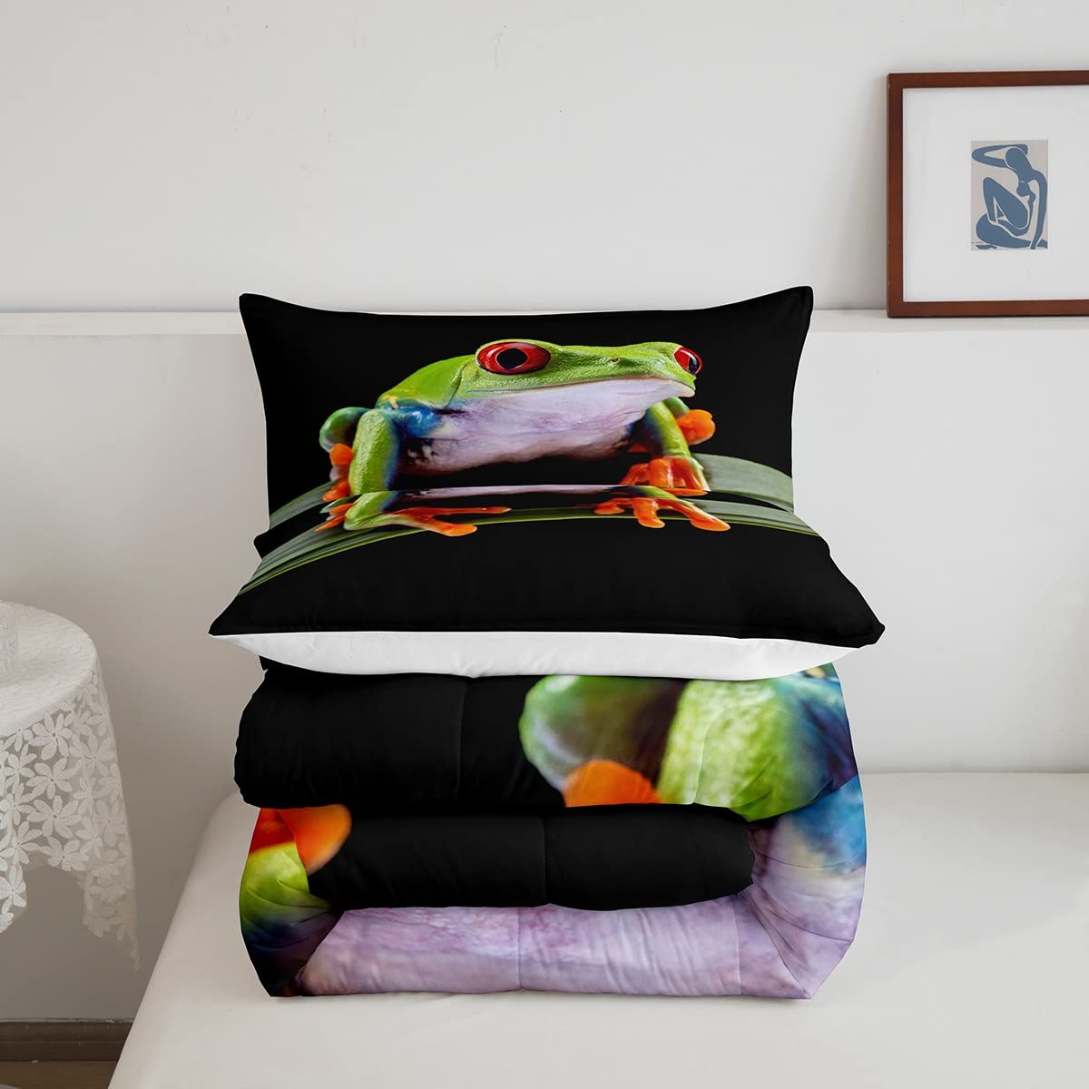 3D Frog Print Comforter Set Full Size - Tropical Amphibian Quilted Duvet Cover with 2 Pillowcases | Animal Themed Bedding for Teens, Boys & Kids | Botanical Pattern Home Decor | Perfect for Jungle Themed Rooms & Nature Lovers