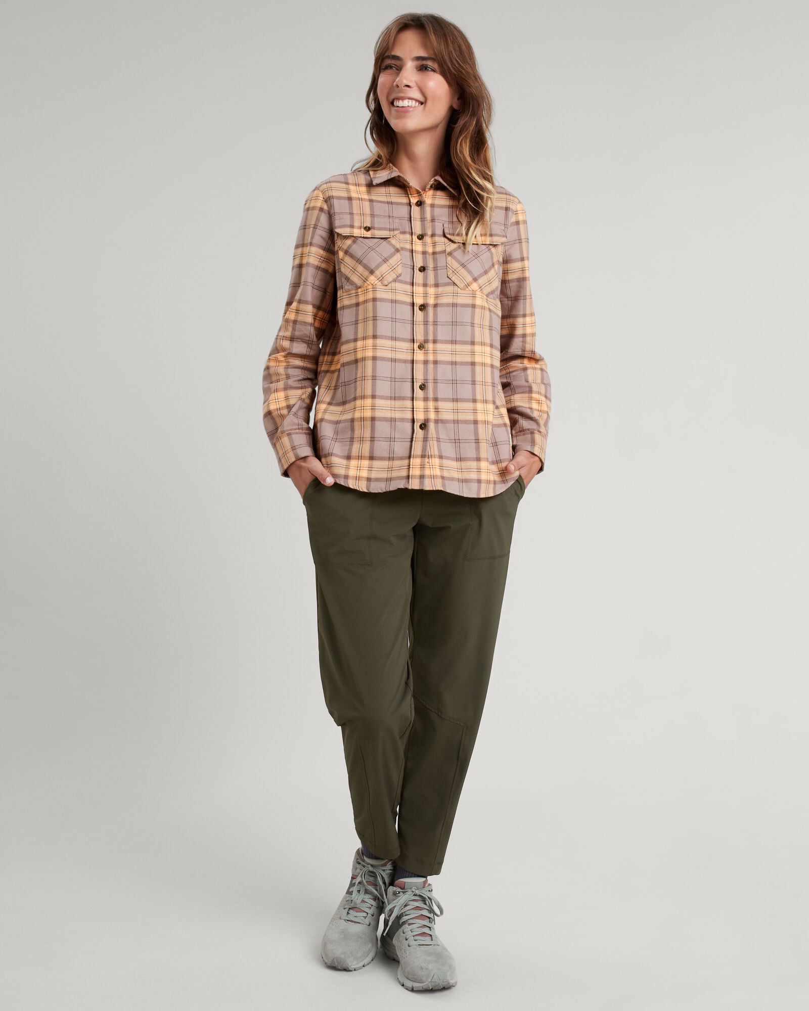 Carrillon Women's HF Long Sleeve Checkered Shirt in Taupe & Lolly - Perfect for Office Wear & Casual Outfits