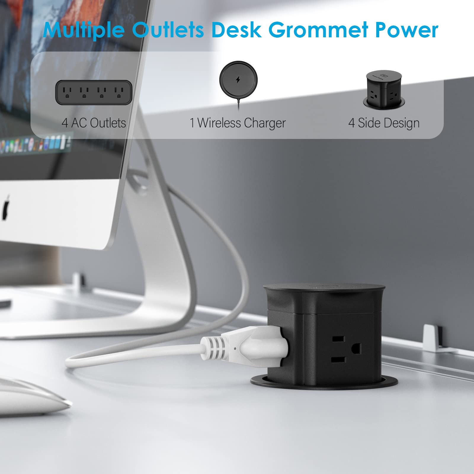 **15W Wireless Charger Pop-Up Outlet with 4 Outlets & Splash-Resistant Design – Space-Saving Power Grommet for Kitchen Countertops, Office Desks & Conference Tables (Black) – Perfect for Home, Office & Commercial Use**