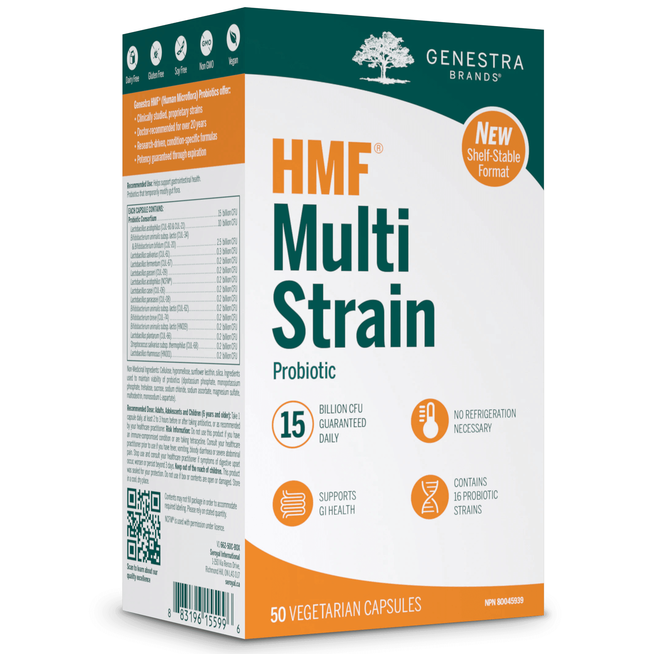 Genestra HMF Multi Strain Probiotic 15 Billion CFU - 50 Veggie Capsules | Shelf Stable Digestive Support | Gut Health & Immune Boost for Men & Women | Travel & Daily Wellness Supplement
