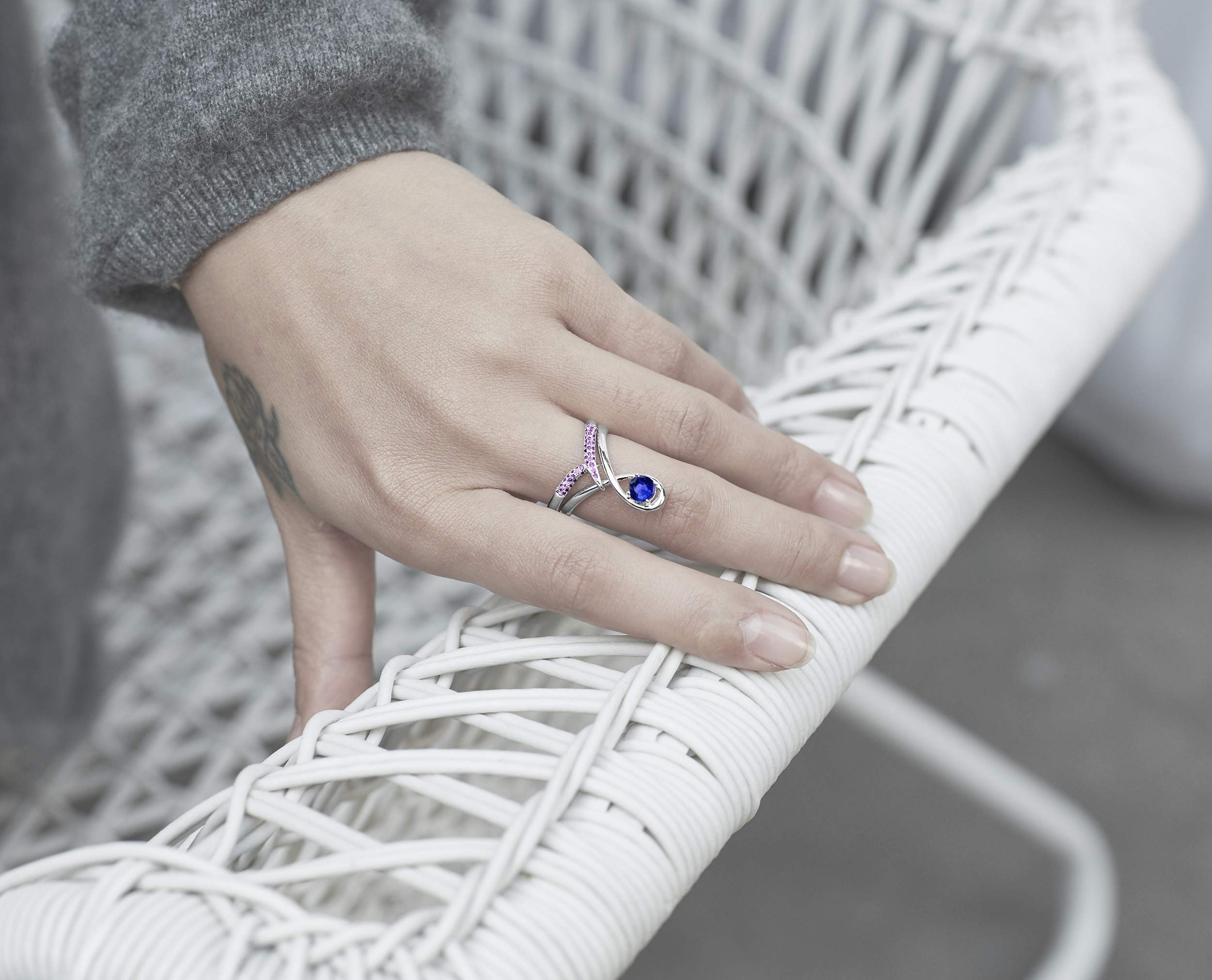 Majade Blue Sapphire & Amethyst Engagement Ring Set - 14K White Gold Handmade Wedding Band, Diamond Alternative for Unique Bridal Jewelry | Perfect for Proposals, Anniversaries & Romantic Occasions