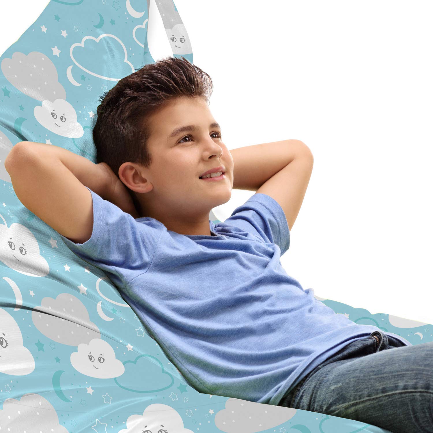 Lunarable Sky Theme Lounger Chair Bag - Humanlike Clouds with Crescent & Stars Pattern, High Capacity Storage with Handle - Perfect for Kids' Room, Nursery, or Outdoor Picnics - Sky Blue & Pale Grey
