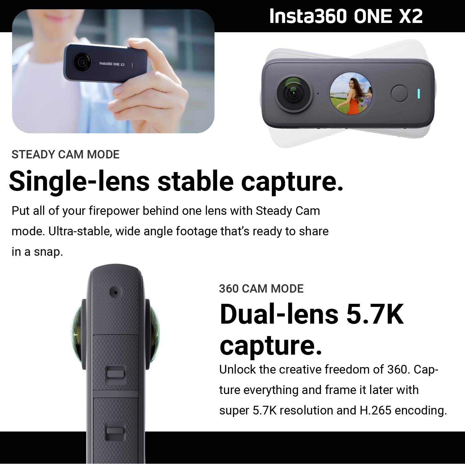 Insta360 ONE X2 360° Action Camera with 5.7K Touchscreen - Waterproof 360° Video & 18MP Photos, Steady Cam Mode, InstaPano | Perfect for Vlogging, Travel Adventures & Sports Recording | Includes Selfie Stick & 128GB SD Card (3-Piece Bundle)