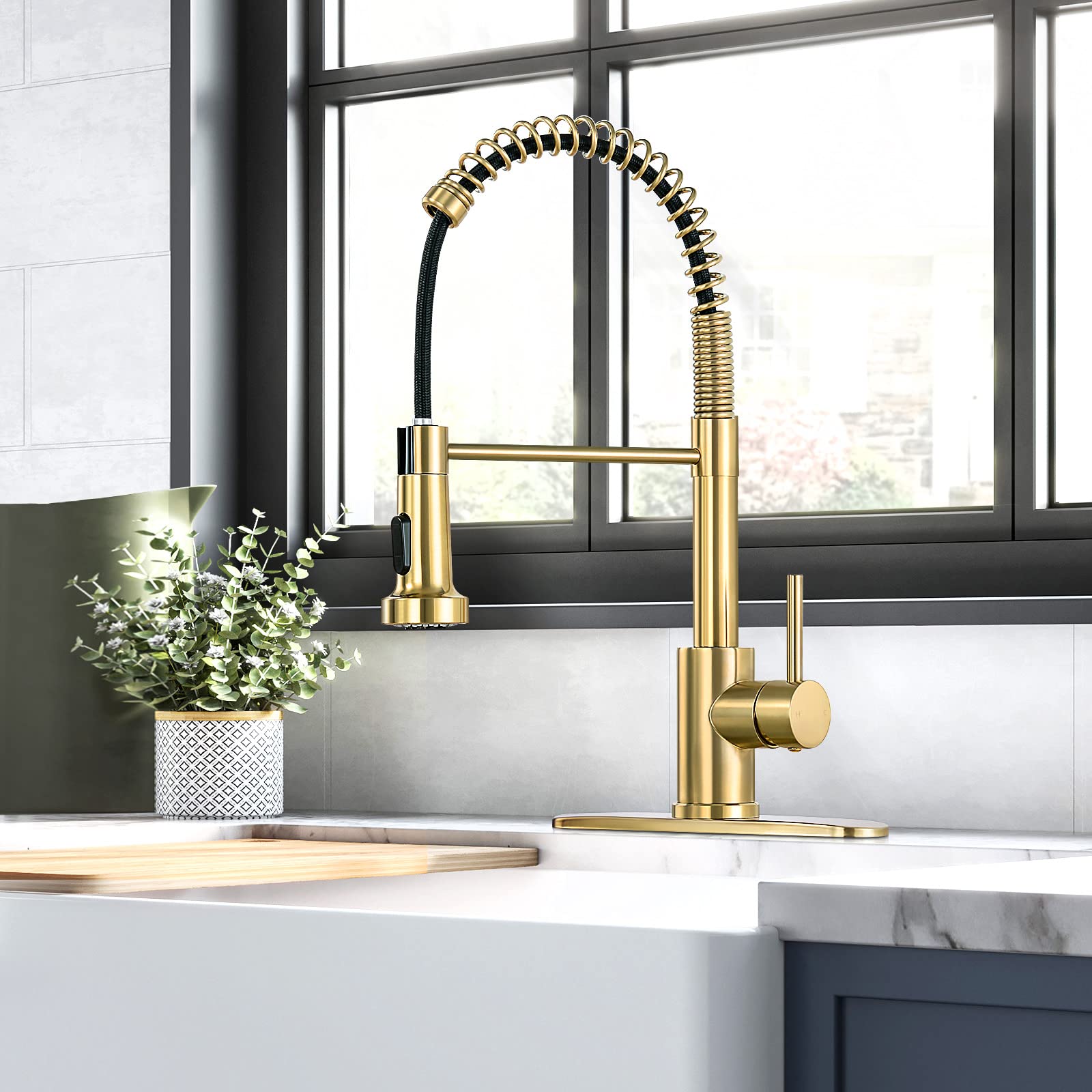 Commercial Single Handle Kitchen Faucet with Pull Down Sprayer - Brushed Gold Finish for Farmhouse, RV, Camper, Laundry & Wet Bar Sinks | Durable & Stylish for Home & Commercial Use